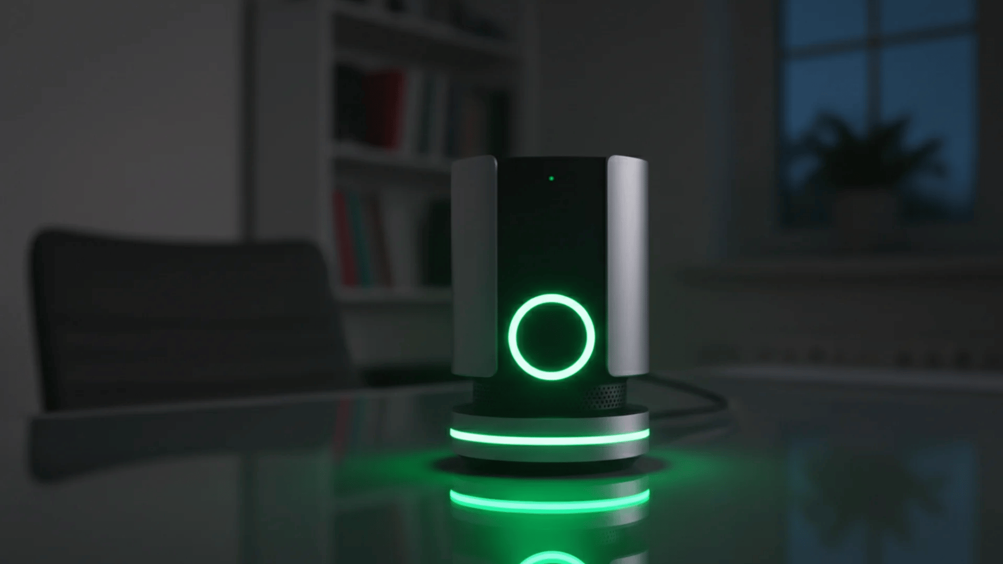 modern security camera base station with a glowing green light on a glass desk and a blurred dark home office background (1)