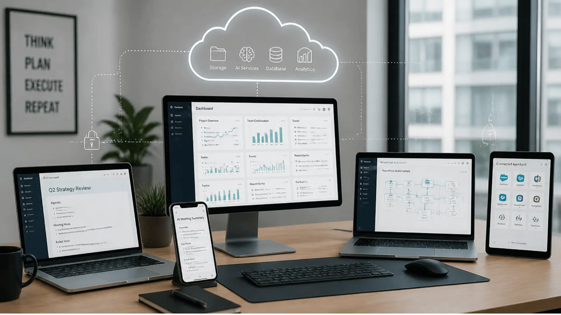 modern workspace devices displaying cloud systems ai tools and connected business applications