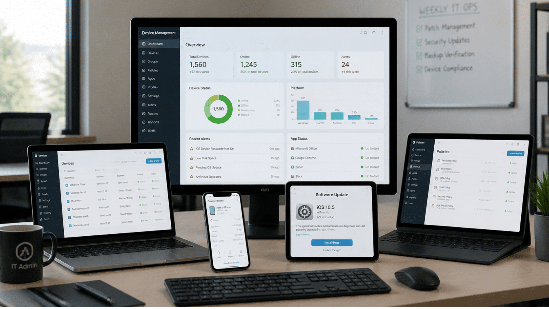 multiple business devices displaying monitoring dashboards updates and remote management interfaces