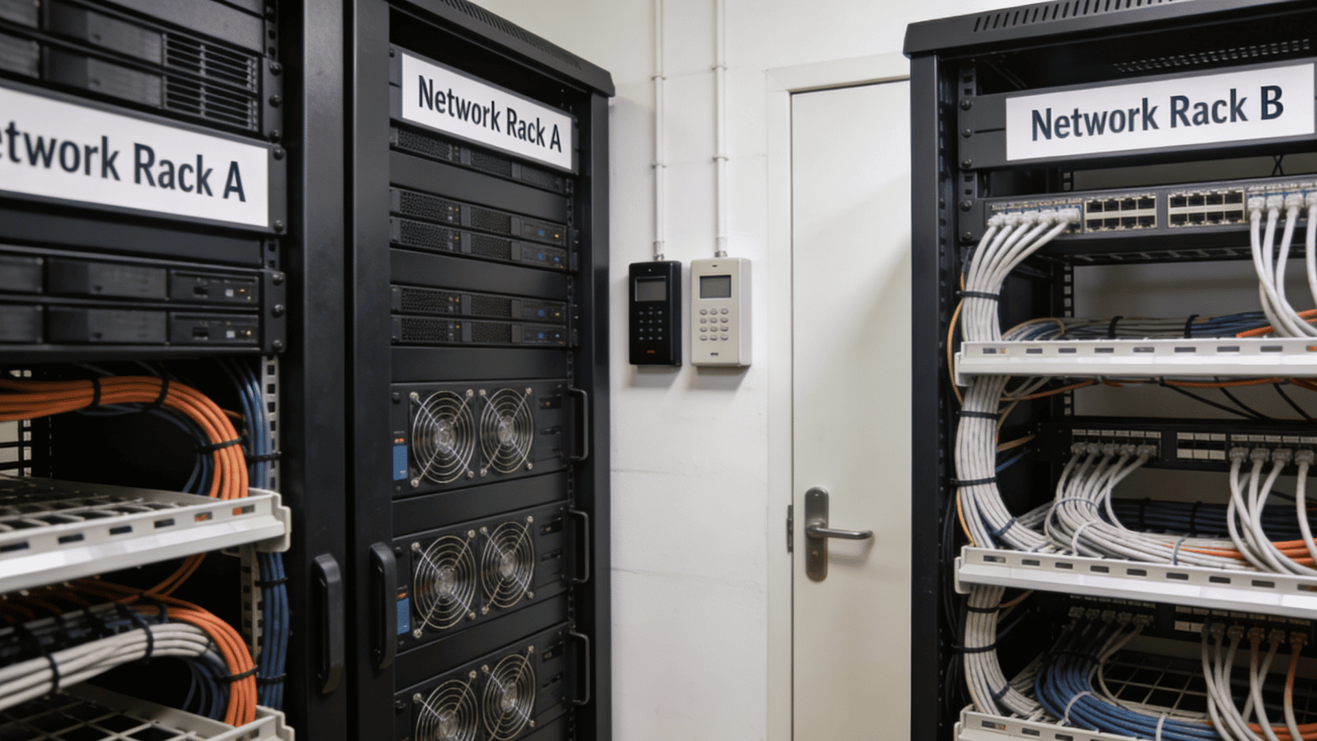 office hallway with network connected access readers ethernet equipment and multiple secured doors