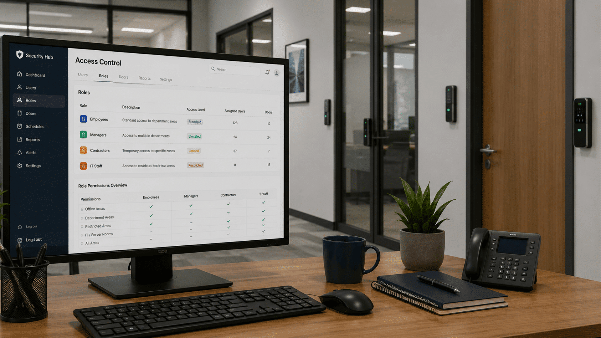 office security dashboard showing grouped user permissions connected to secured entry points