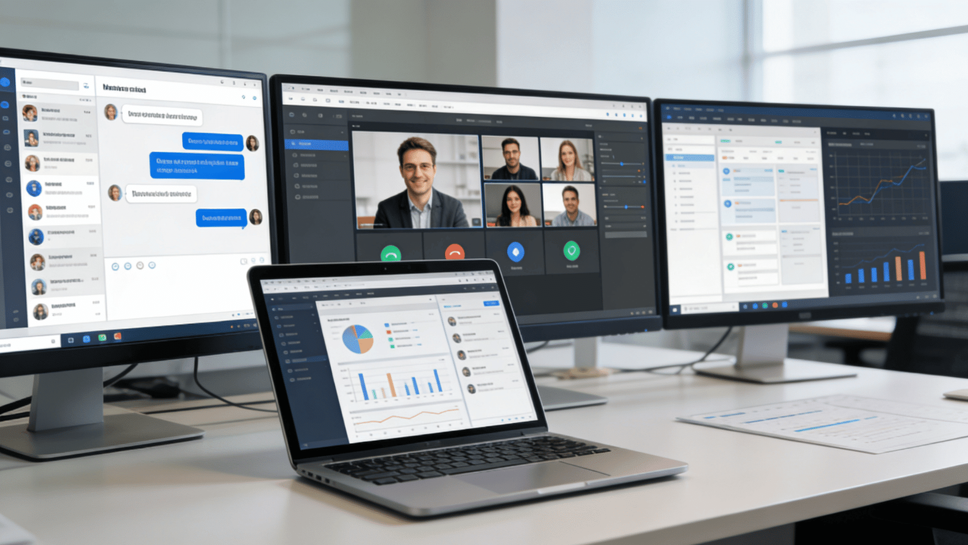 office workspace with communication tools video meetings and shared collaboration platforms across screens