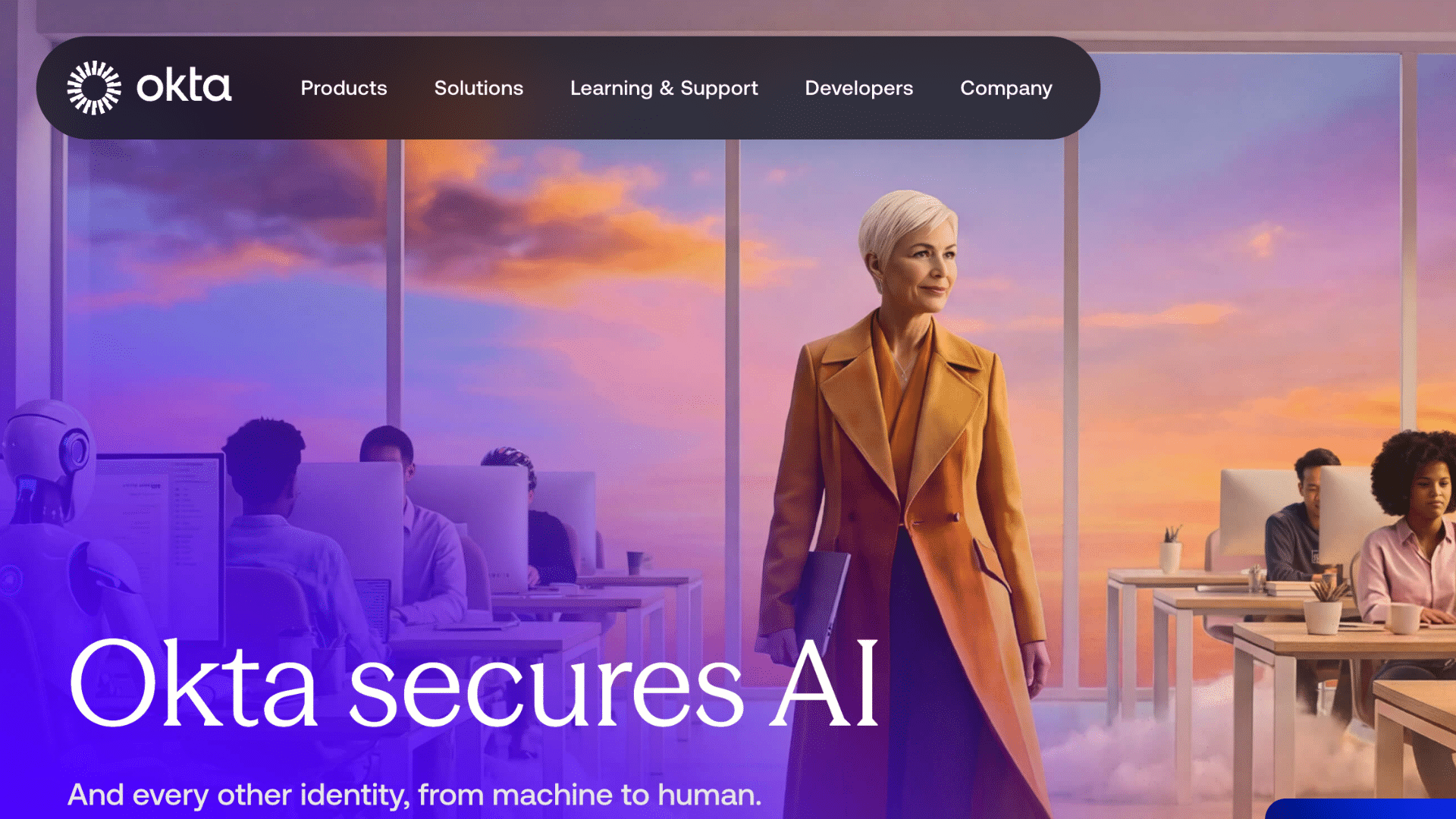 okta homepage promoting ai identity security with office workers robot and astronaut in a futuristic workplace setting