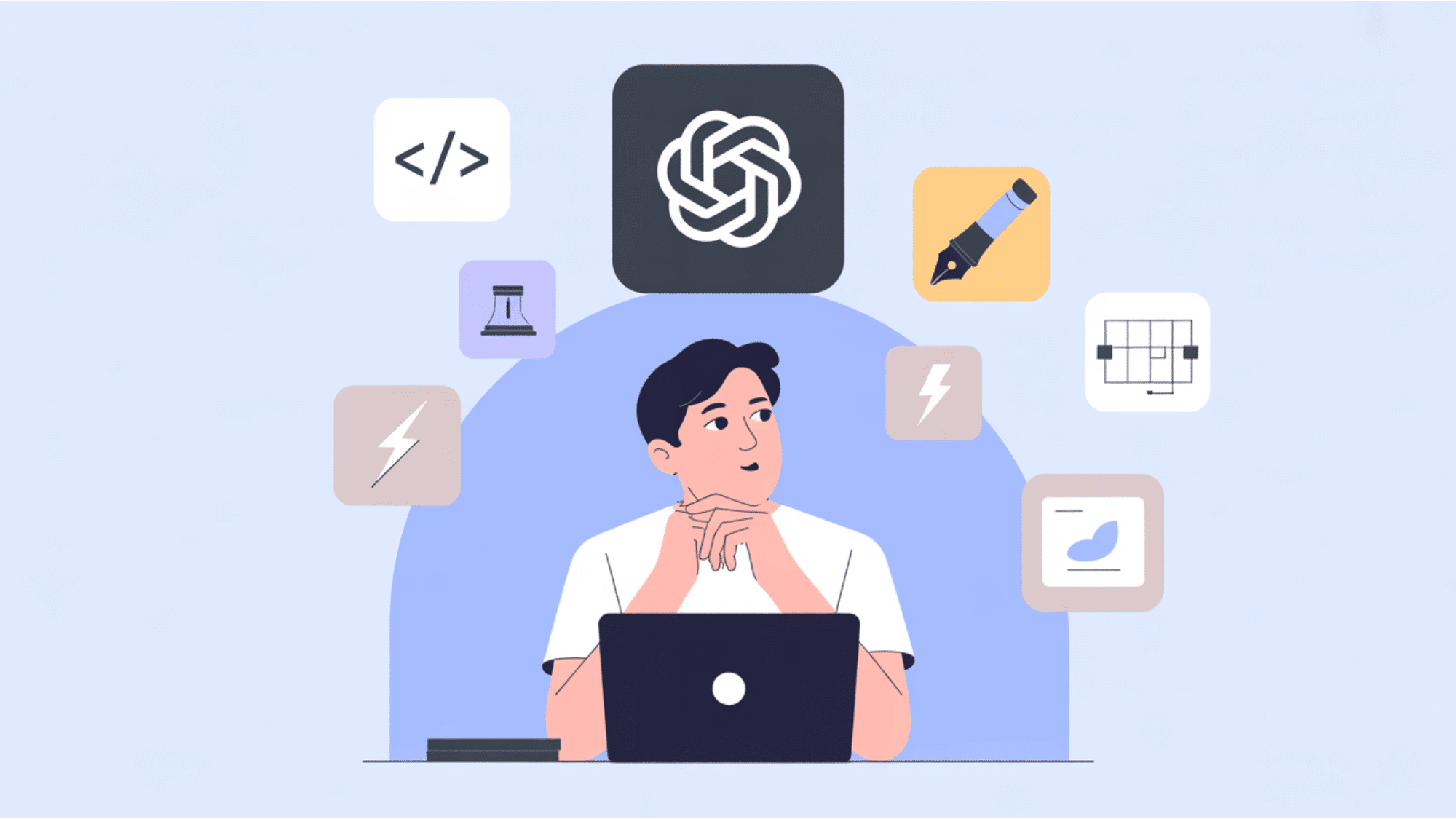 person at laptop looking up at floating chatgpt logo and app icons for coding writing and speed on soft blue