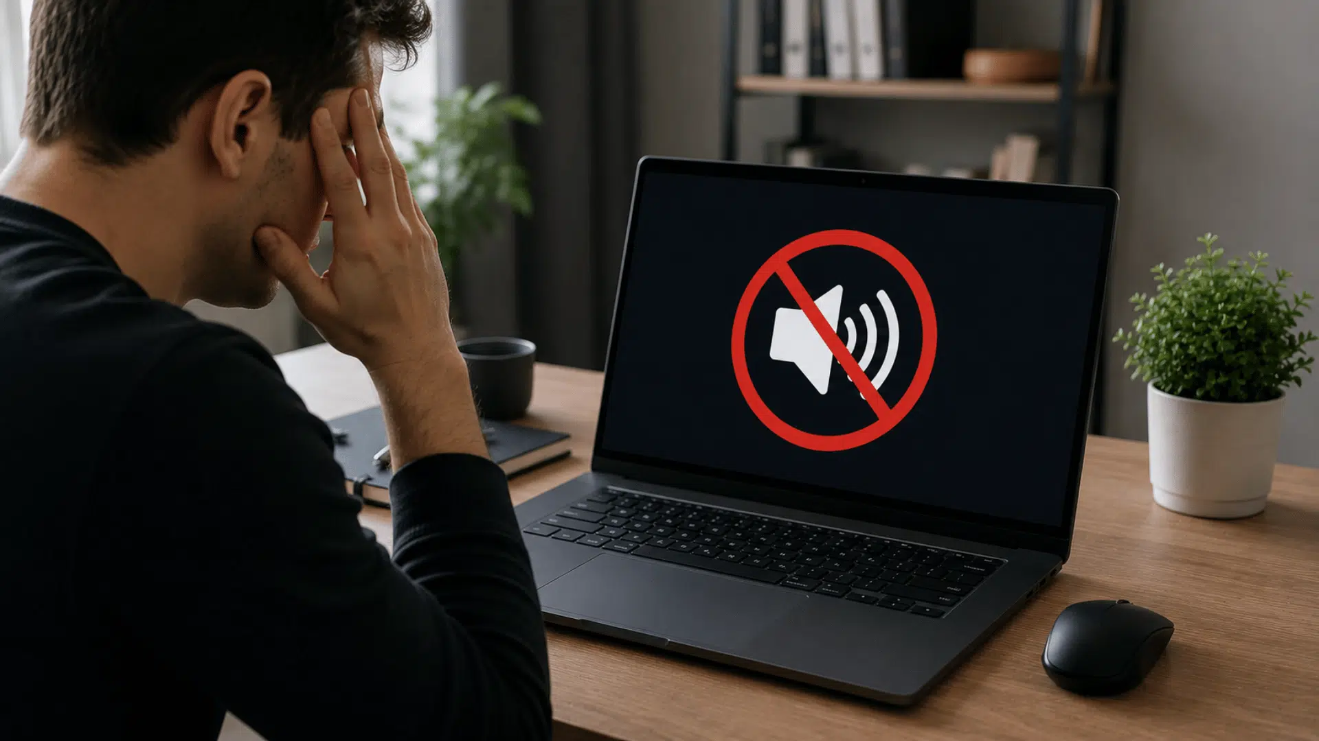 person facing a computer with muted audio symbol on screen indicating no sound or audio playback issues
