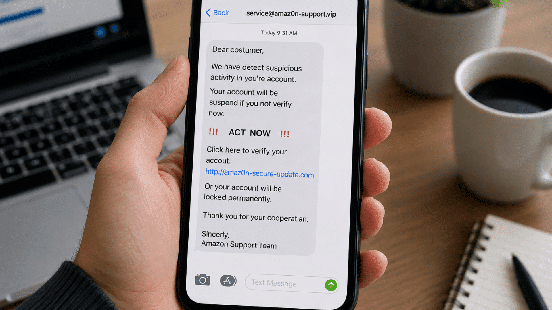 person holding smartphone displaying phishing message with poor grammar unusual formatting and suspicious link