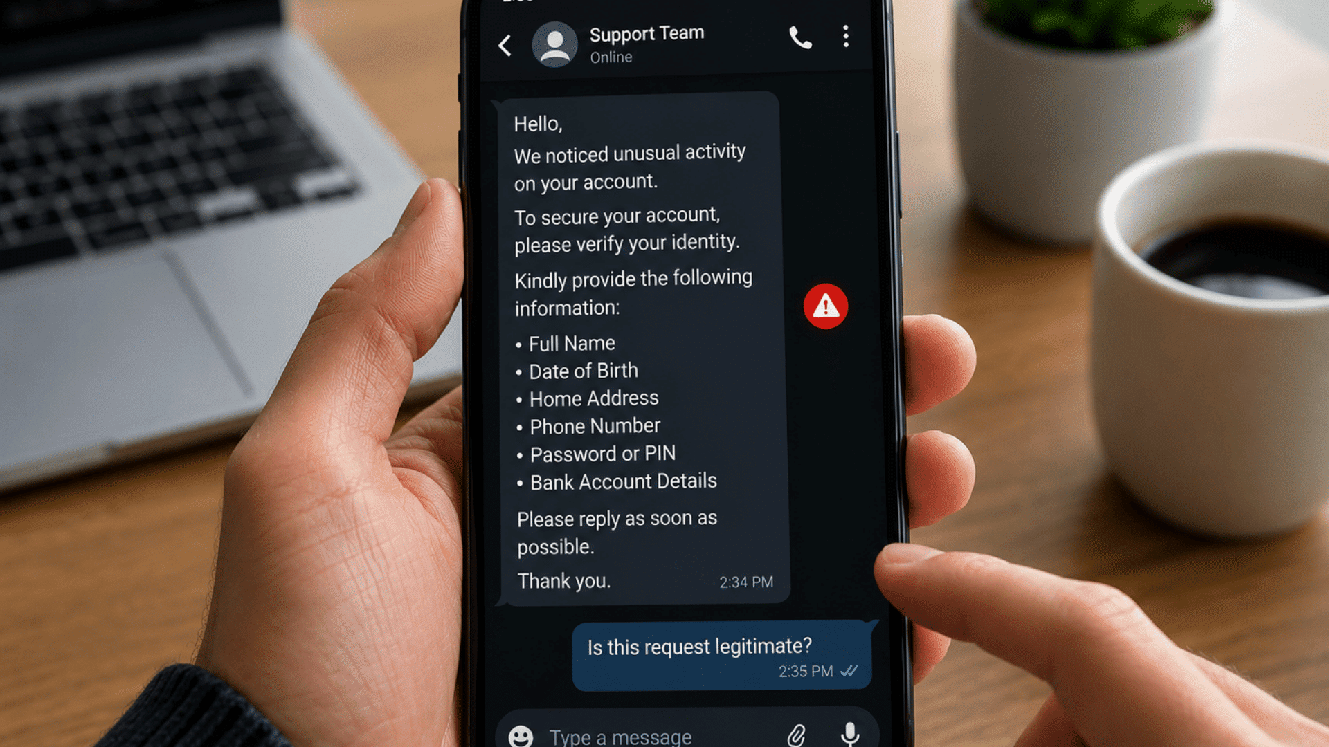 person holding smartphone displaying suspicious message requesting personal details in a chat conversation