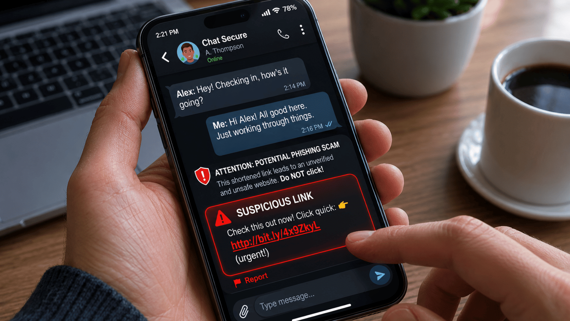 person holding smartphone showing phishing scam warning with suspicious link in secure chat app interface