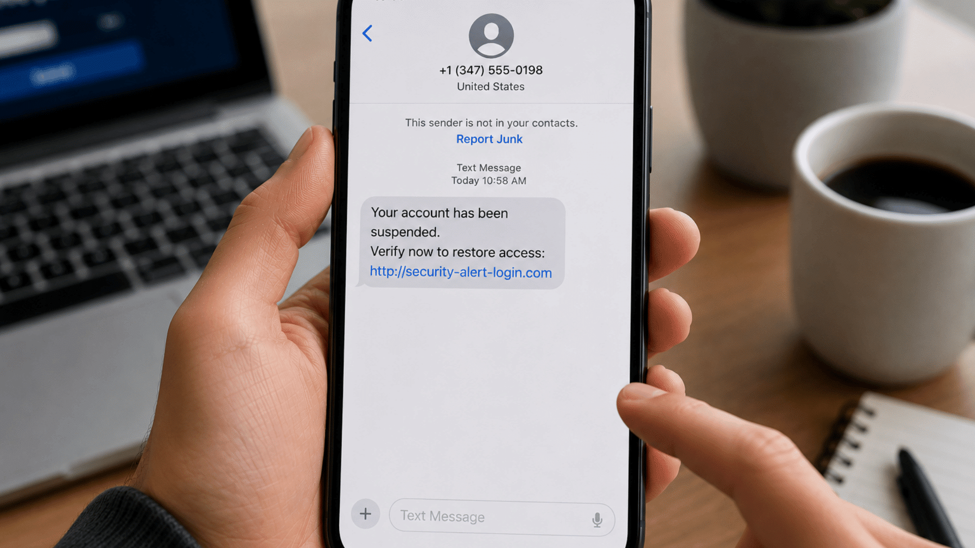 person holding smartphone showing suspicious message from unknown sender with account suspension warning link