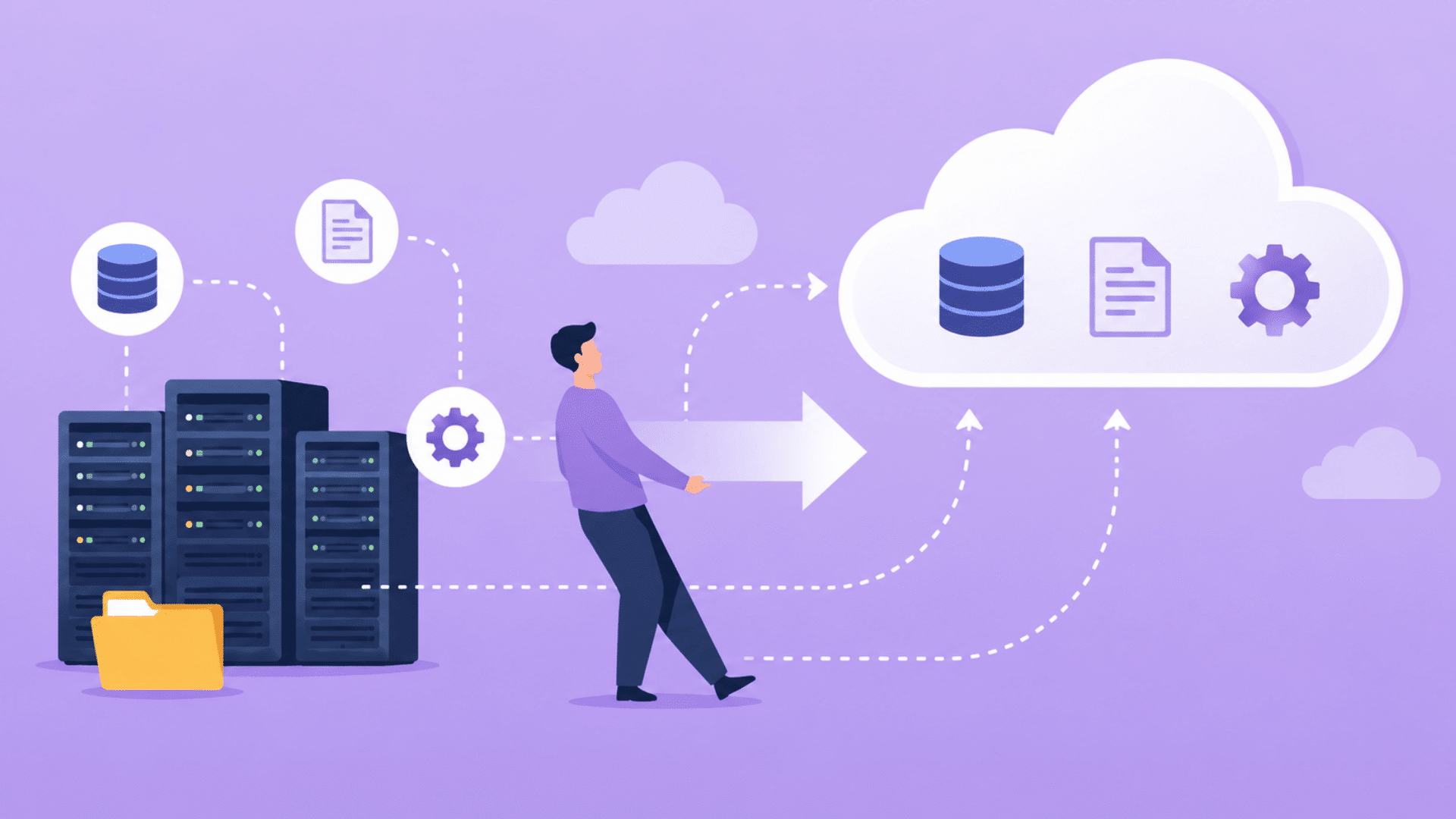 person moving data files and systems from on premises servers to cloud storage and management platform