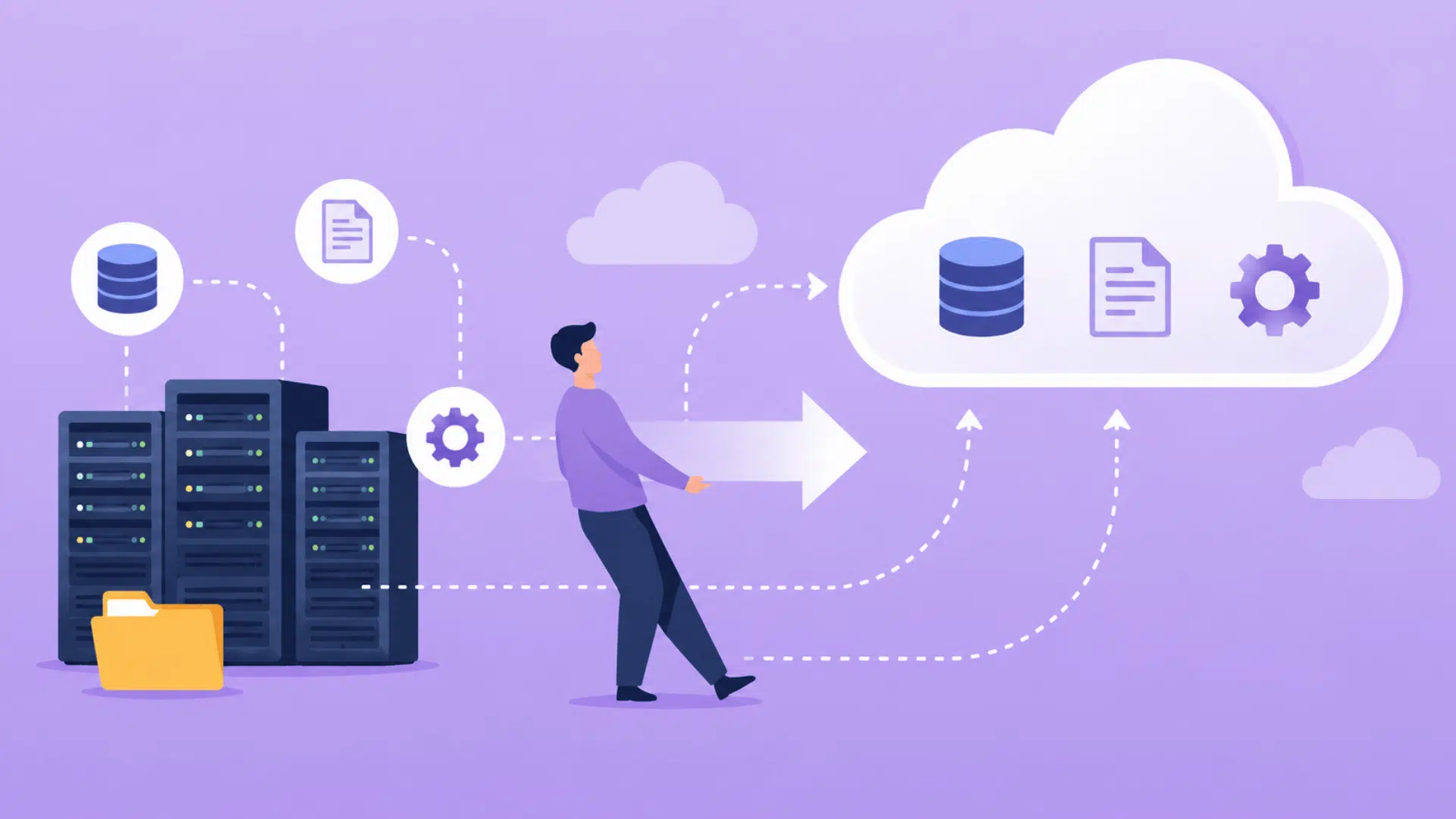 person moving data files and systems from on premises servers to cloud storage and management platform