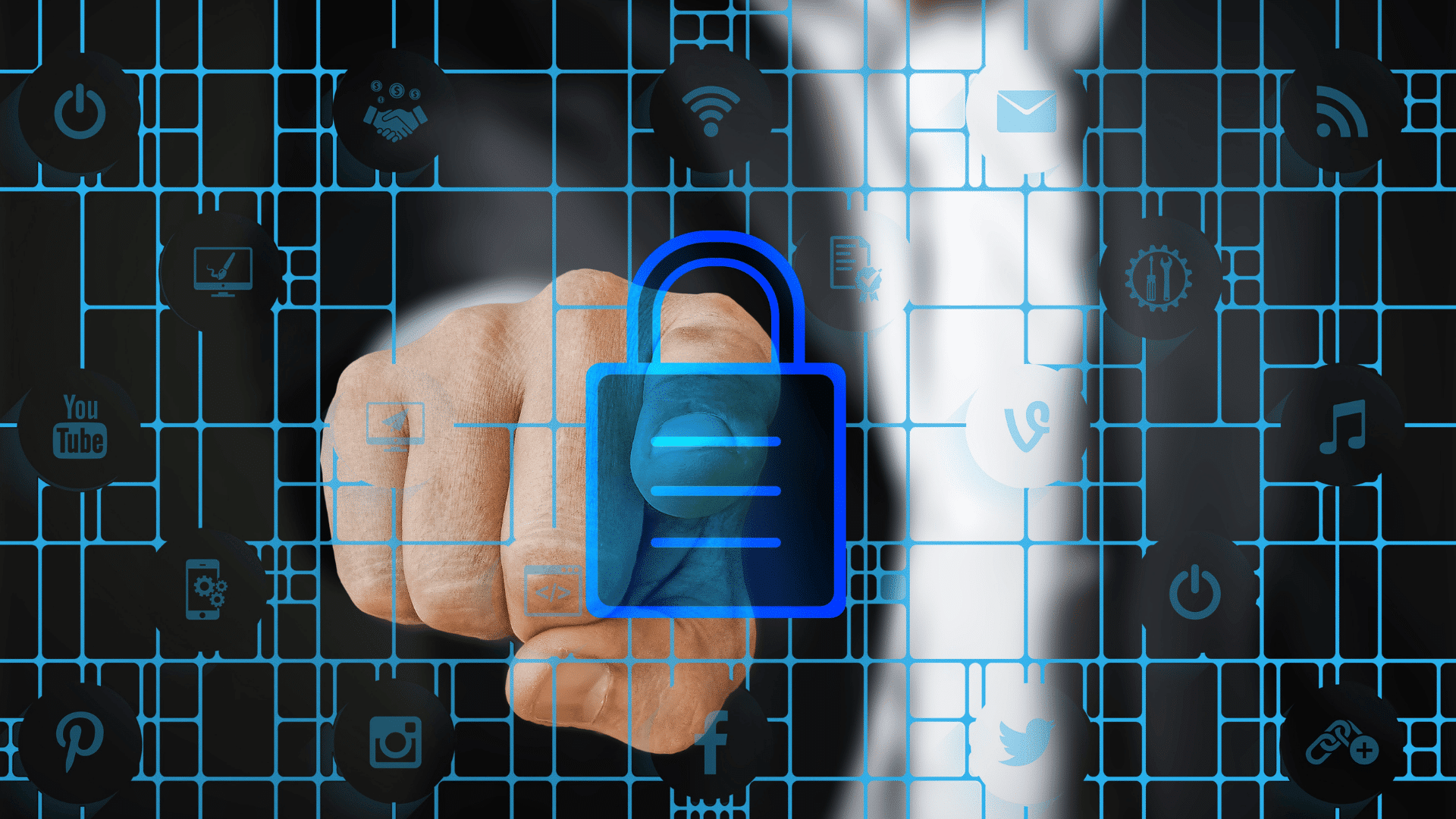 person pointing at a digital padlock icon over a network grid symbolizing online security data privacy and secure access control