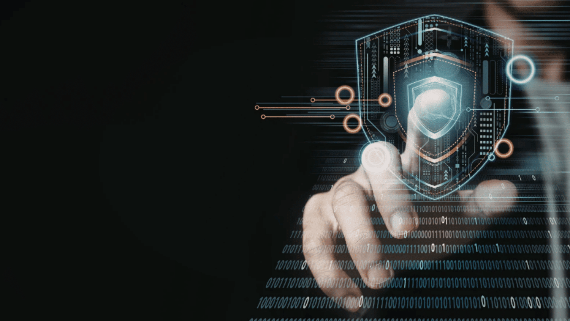 person touching a glowing digital shield interface representing cybersecurity data protection and network security