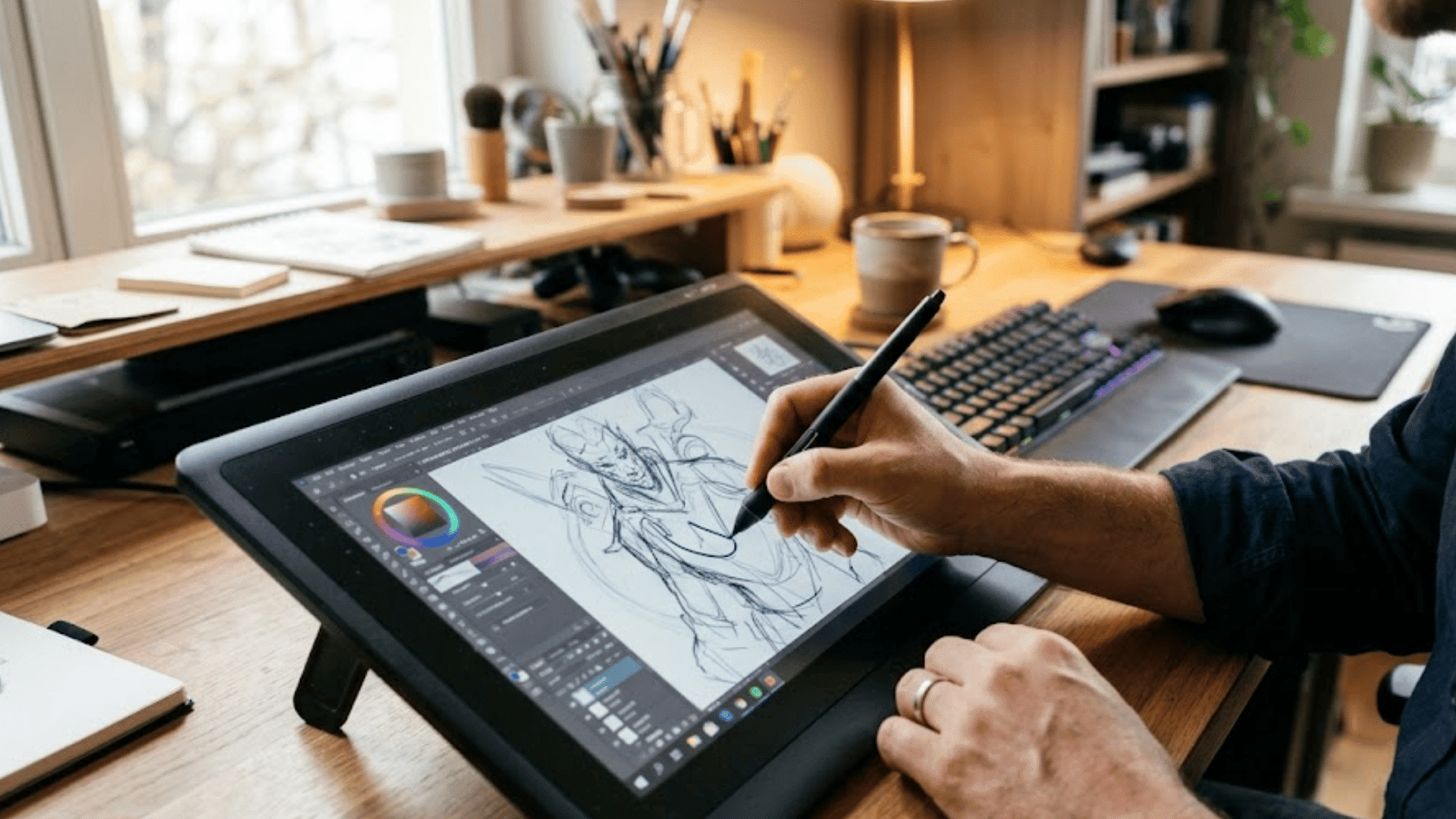 person using a digital drawing tablet and stylus to create artwork at a desk with a computer setup in a home office environment