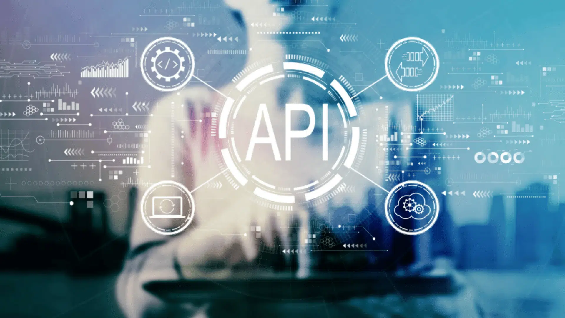 person using digital interface with api text and connected technology icons representing software integration and data exchange