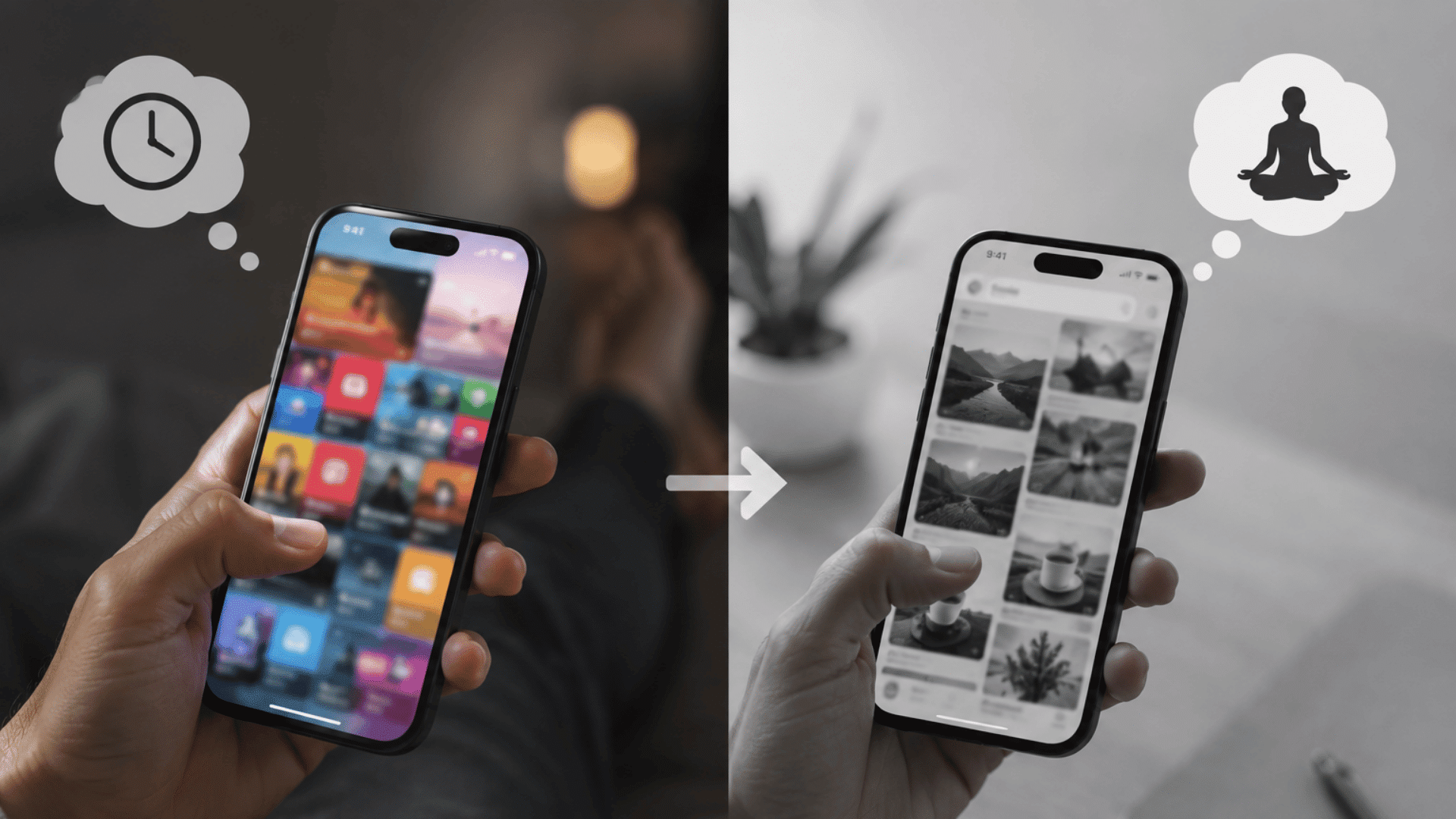 person viewing colorful phone screen transitioning to grayscale display symbolizing reduced screen time and focus