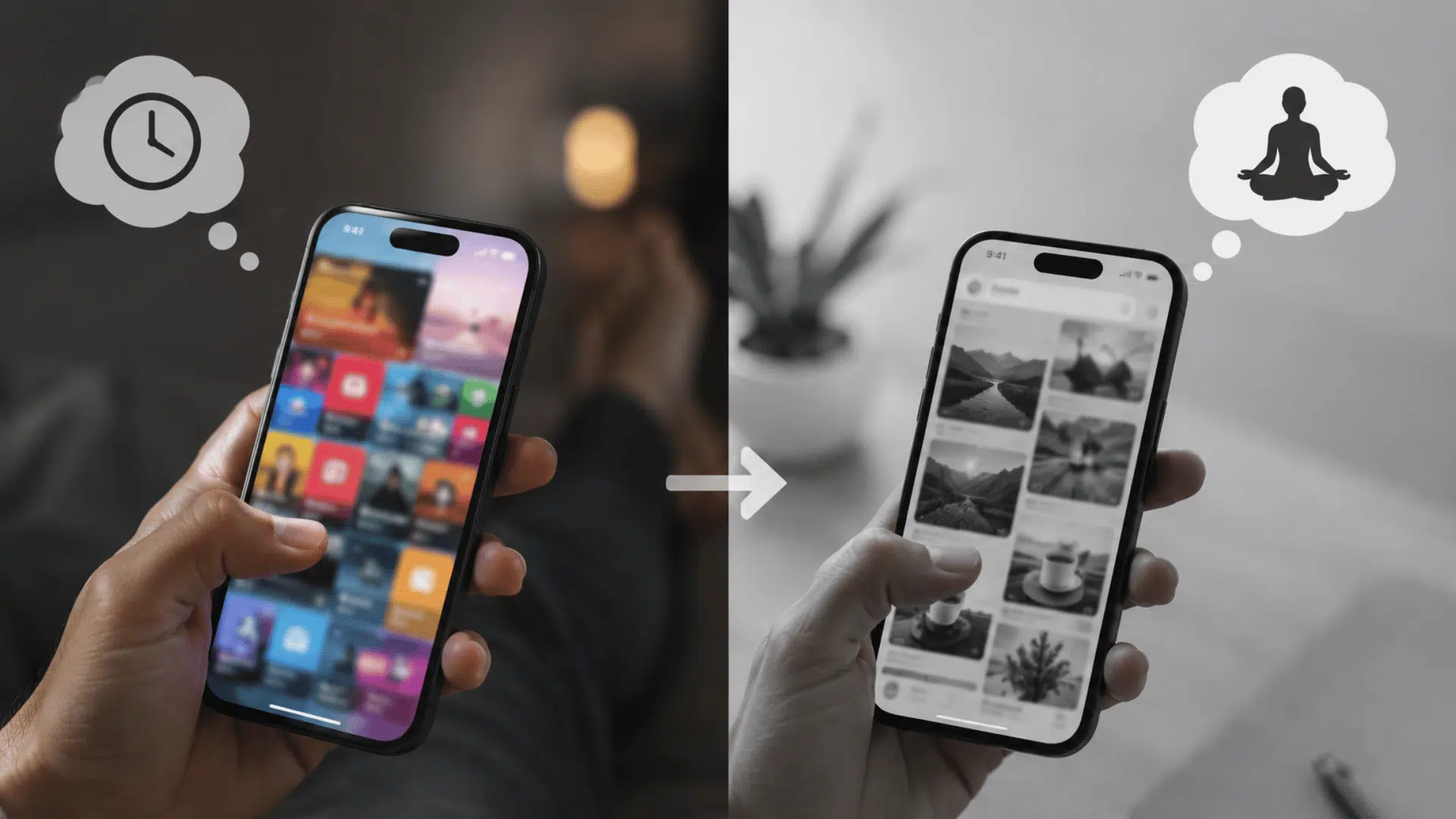 person viewing colorful phone screen transitioning to grayscale display symbolizing reduced screen time and focus