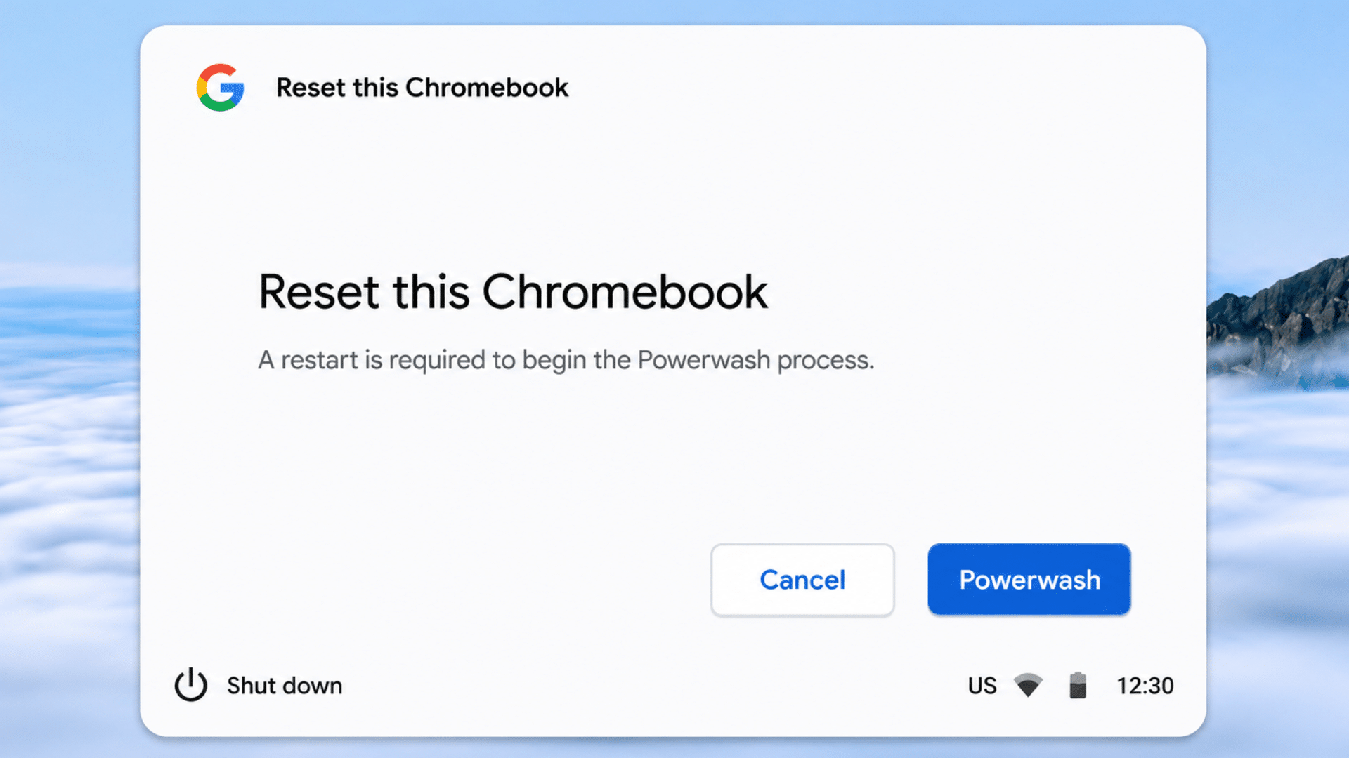 powerwash option displayed after using the chromebook reset shortcut from sign in screen