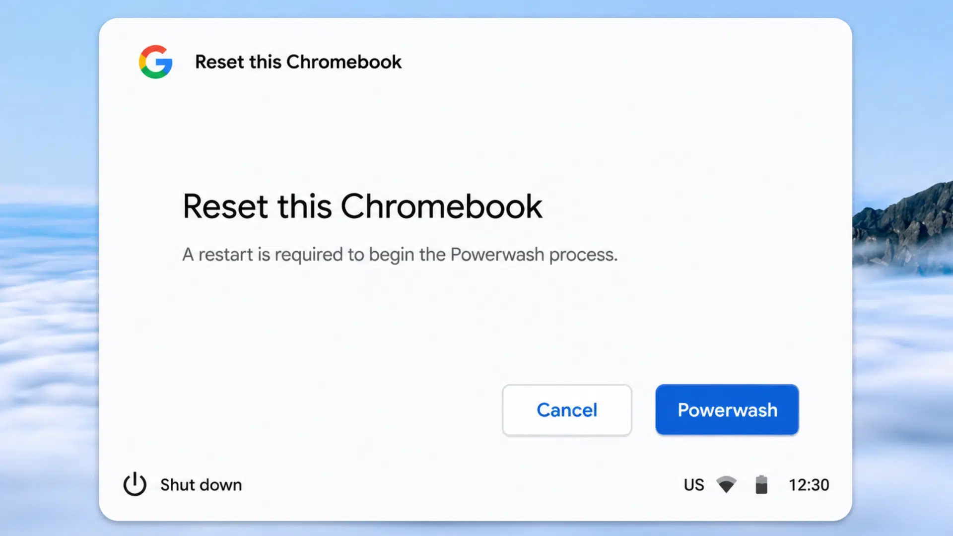 powerwash option displayed after using the chromebook reset shortcut from sign in screen