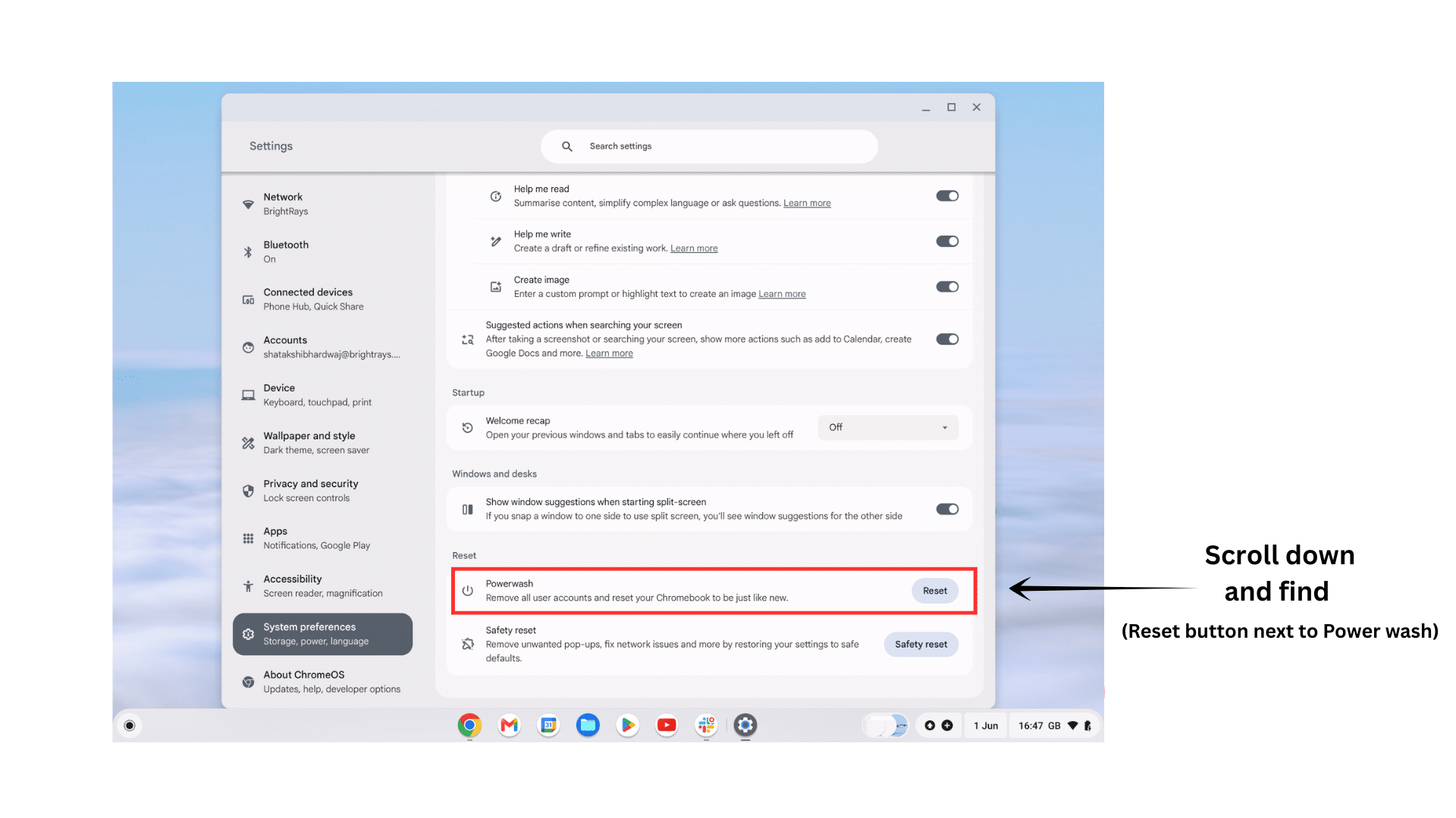 powerwash reset option highlighted within chromebook settings before starting factory reset