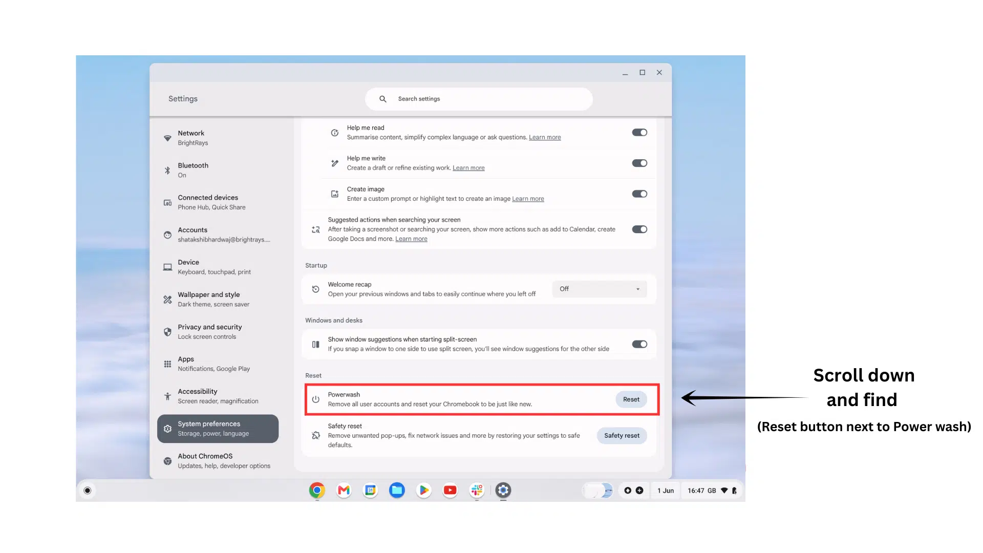 powerwash reset option highlighted within chromebook settings before starting factory reset