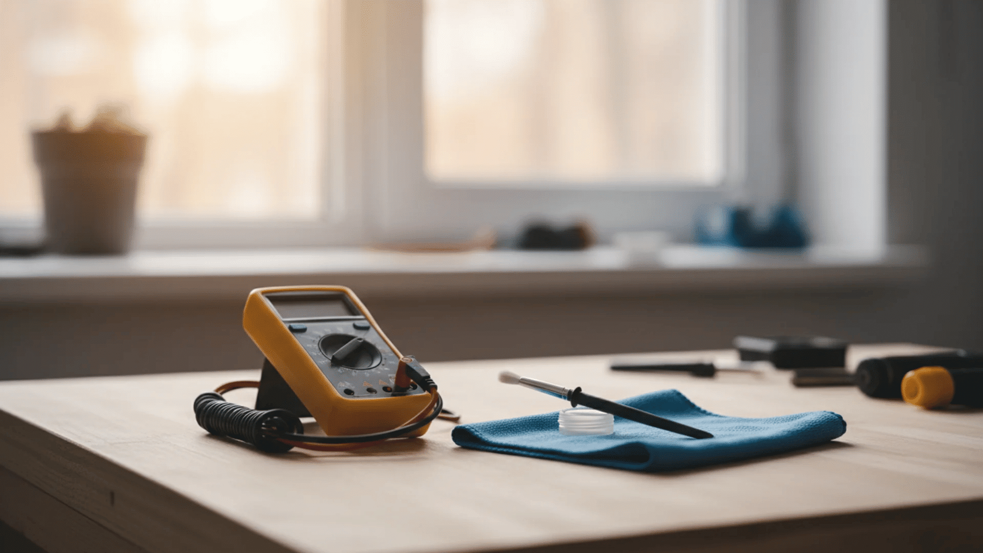 professional multimeter microfiber cloth and lens brush on a wooden workbench with a brightly blurred workshop background