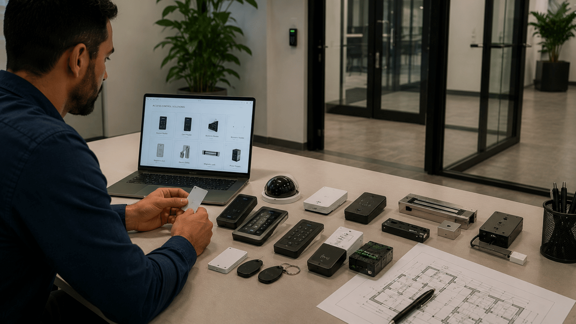 professional reviewing access control devices and security hardware while selecting components for a secure entry system