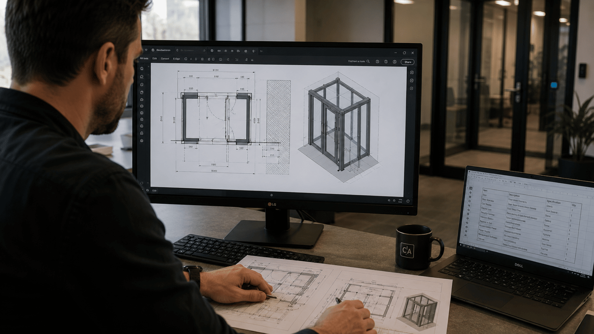 professional reviewing vestibule floor plans and 3d designs on a monitor while planning a secure building entrance layout