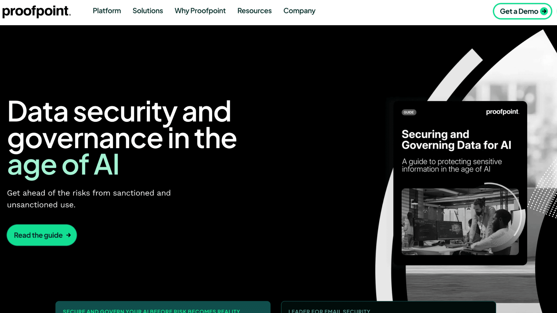 proofpoint homepage promoting data security and ai governance with guide download and enterprise cybersecurity resources navigation
