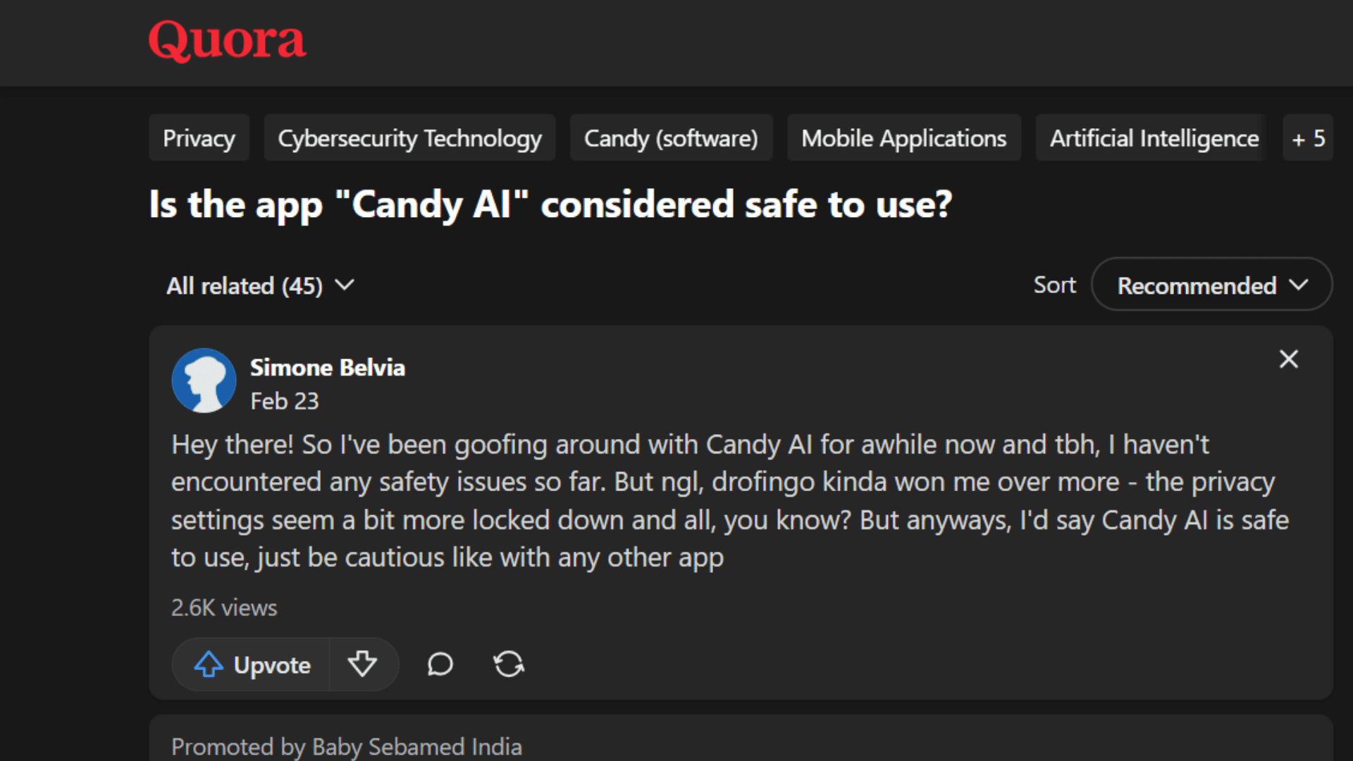 quora page asking if candy ai is safe to use showing a user response discussing privacy and safety concerns