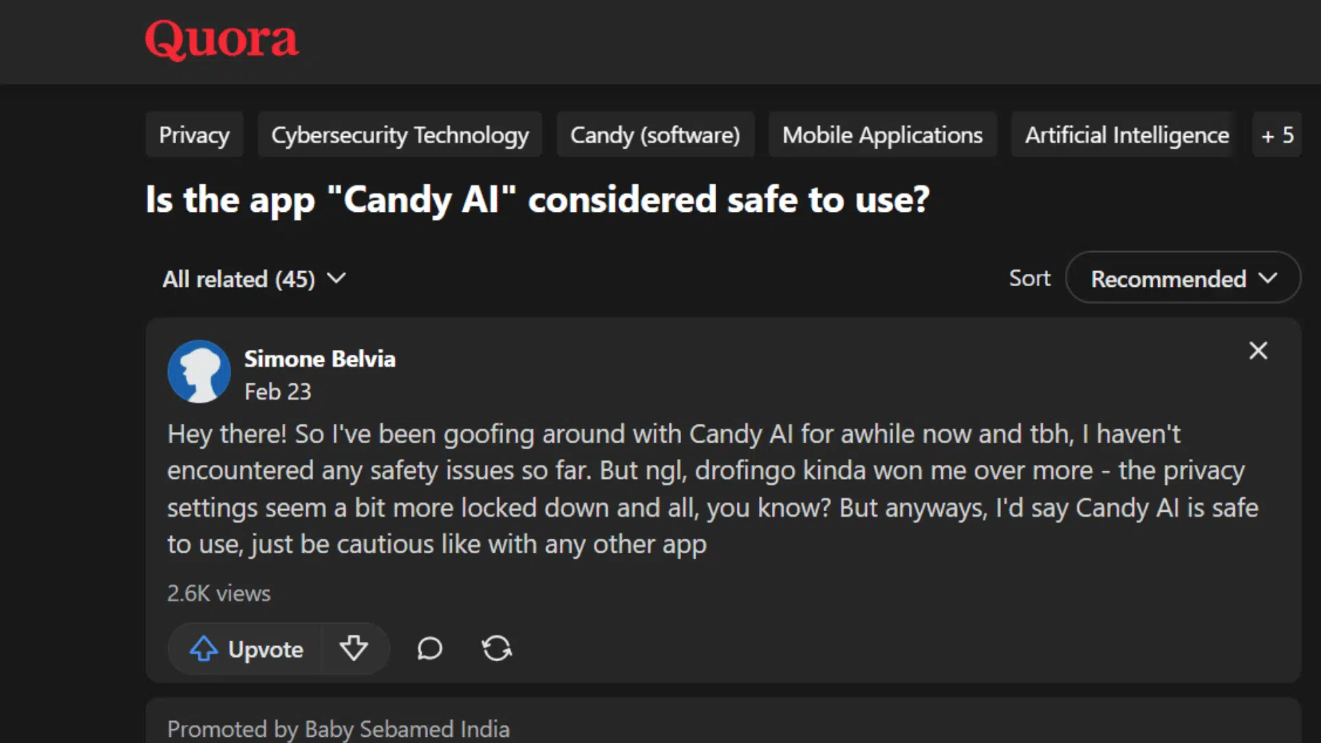 quora page asking if candy ai is safe to use showing a user response discussing privacy and safety concerns
