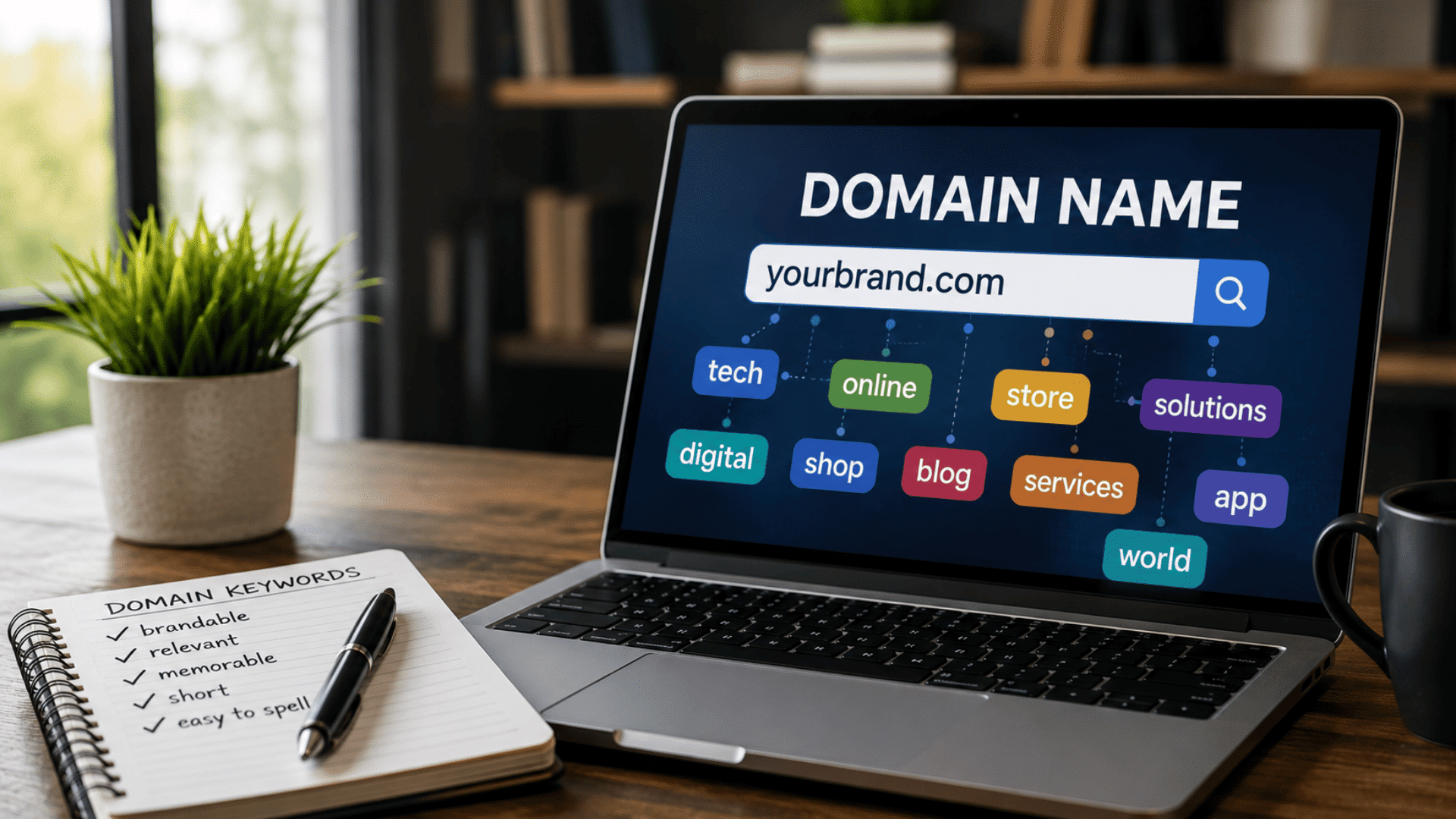 realistic workspace showing domain name keywords and domain search ideas for website branding and registration
