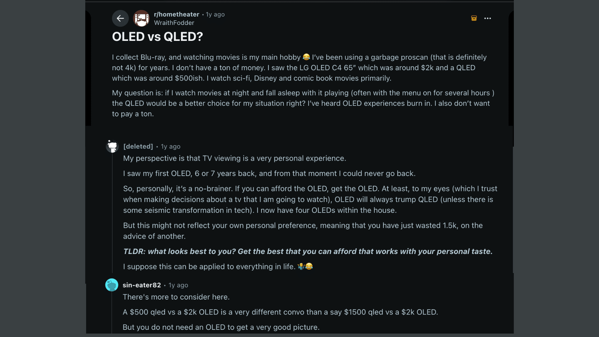 reddit discussion comparing qled and oled tvs with homeowners sharing picture quality price and burn in opinions