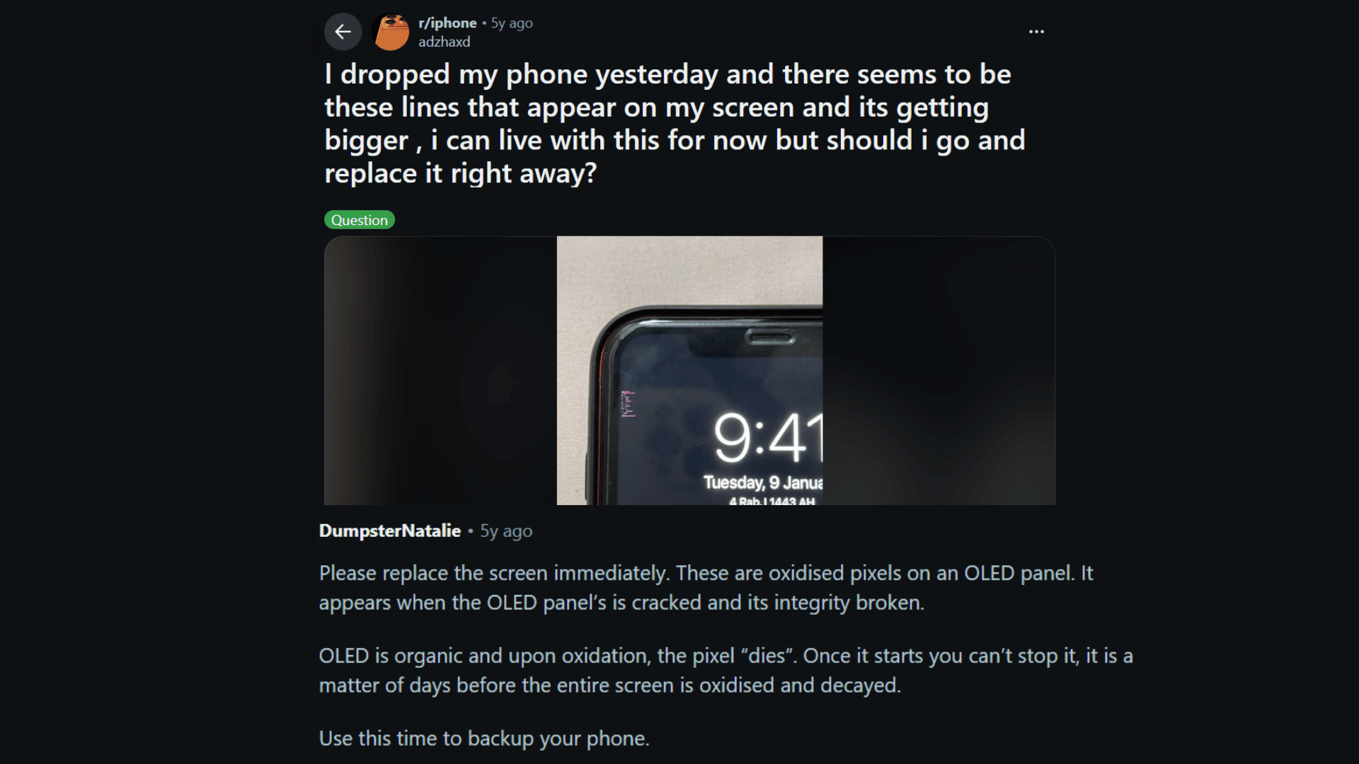 reddit post about dropped iphone showing pink screen lines with reply warning oled damage and advising screen replacement