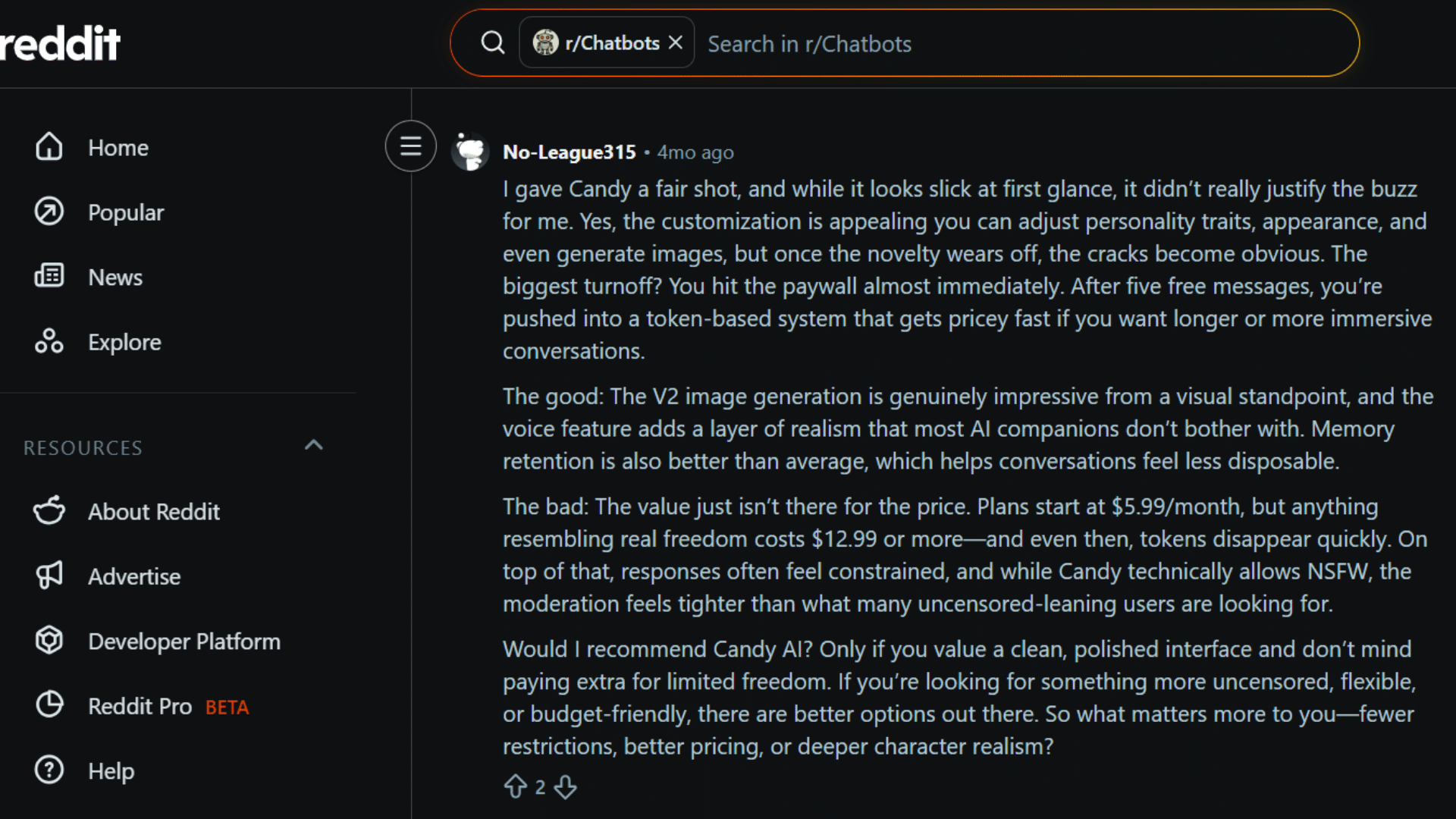 reddit post reviewing candy ai highlighting image generation voice features pricing concerns and limited freedom
