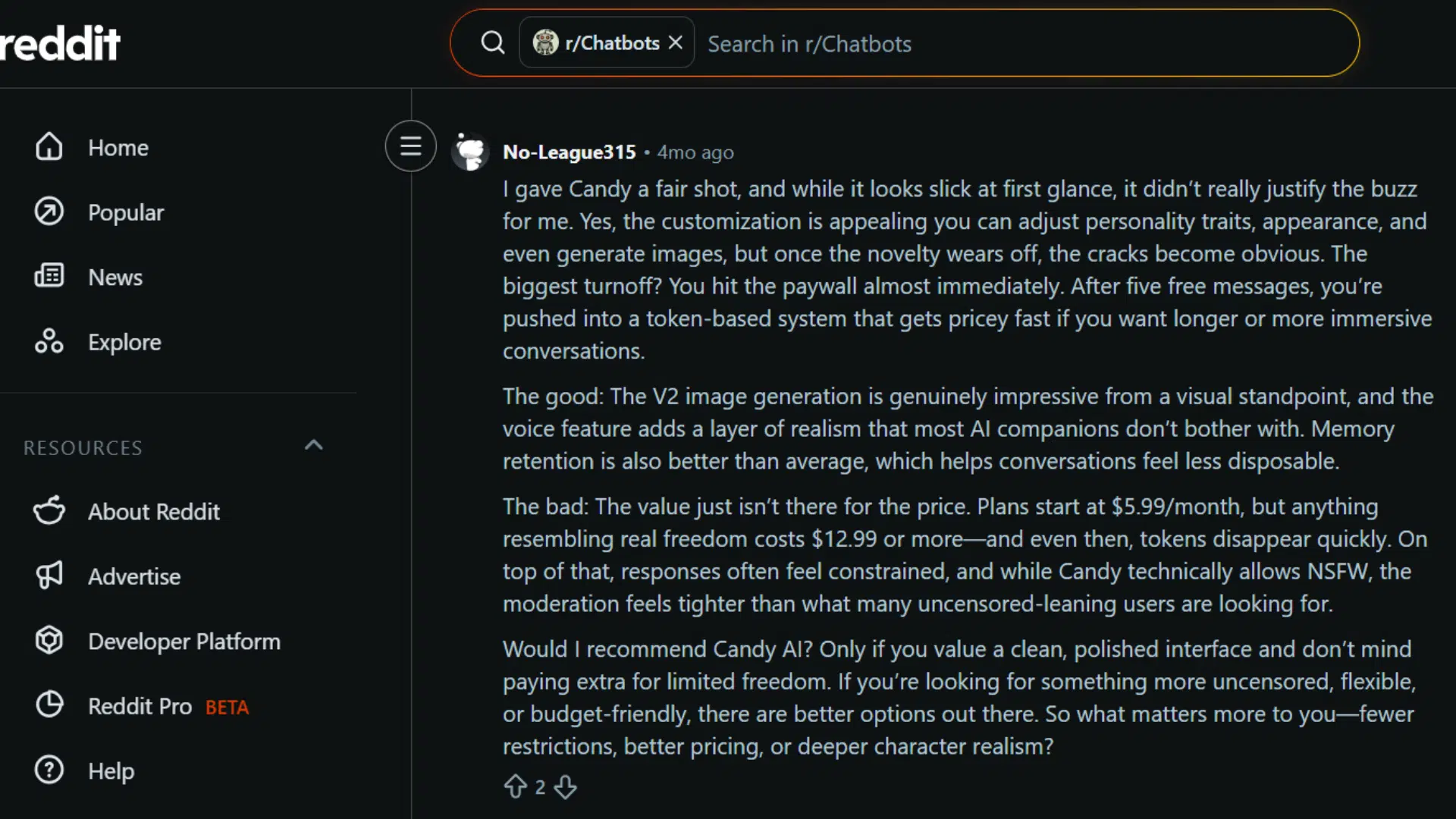 reddit post reviewing candy ai highlighting image generation voice features pricing concerns and limited freedom