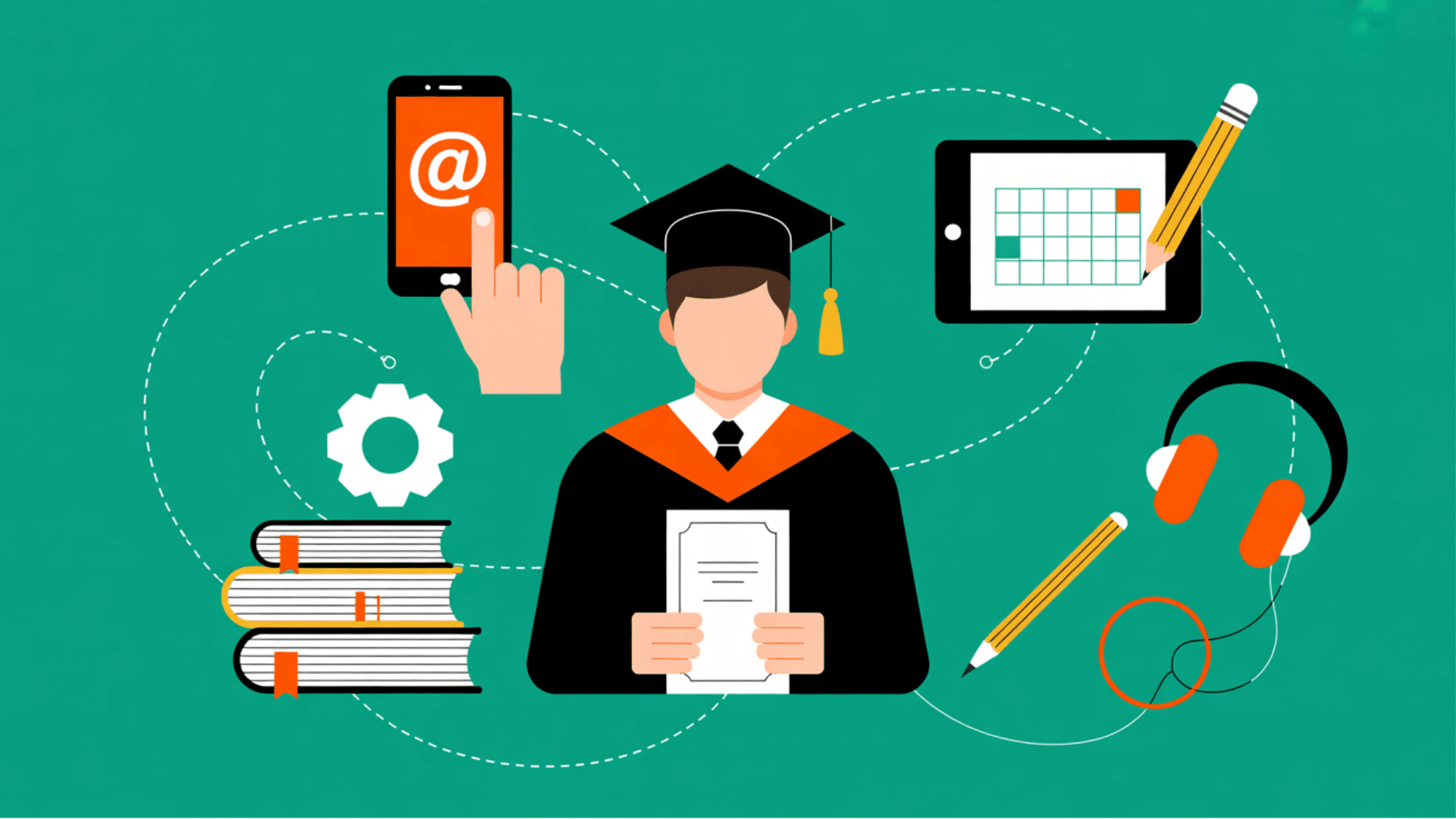 scholar holding diploma with digital assets surrounding him
