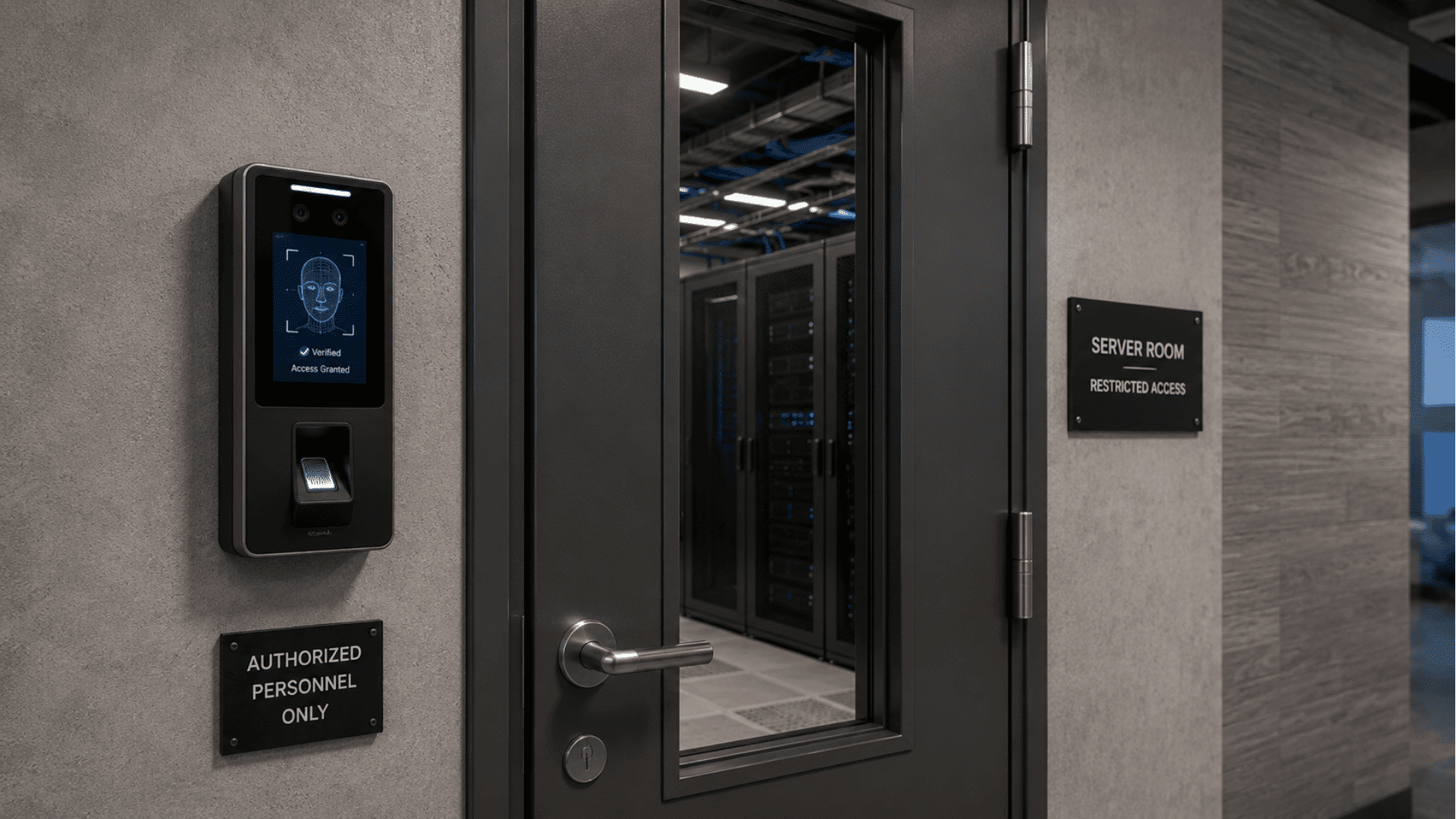 secure entry point with biometric scanner fingerprint reader and controlled access door hardware