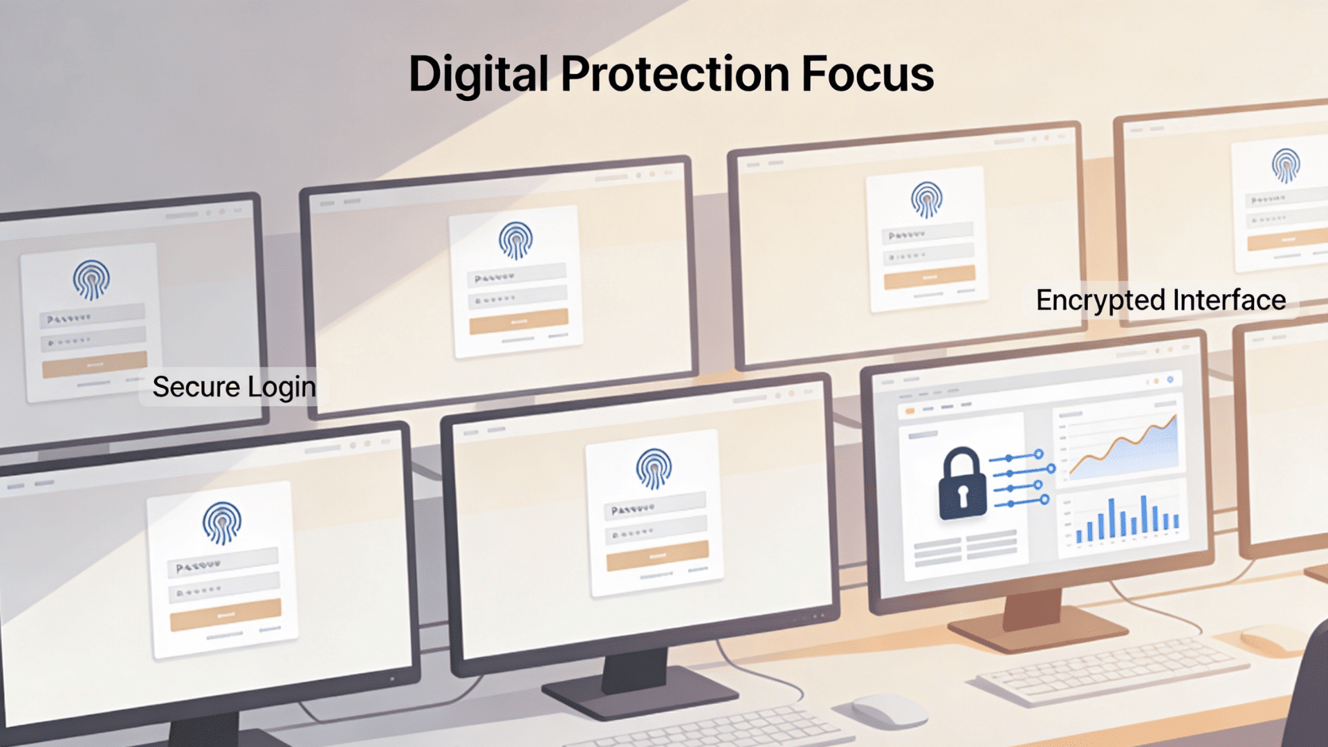 secure office systems showing authentication tools access controls and cybersecurity monitoring dashboards