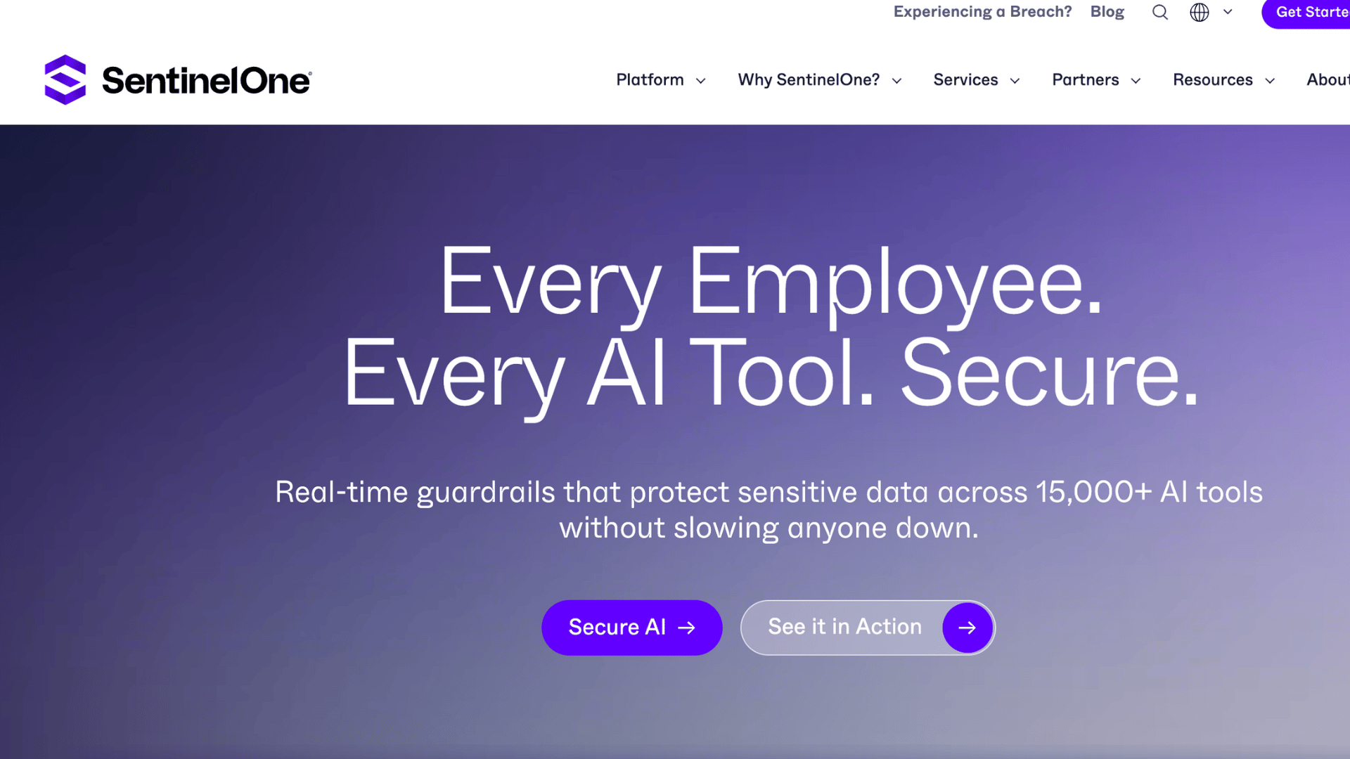 sentinelone homepage promoting secure ai tools with real time data protection and action buttons for demos and security solutions