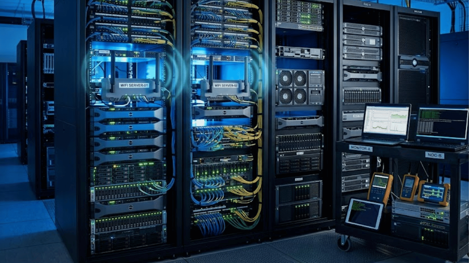 server racks filled with networking equipment and cables in a data center with monitoring devices and computer screens