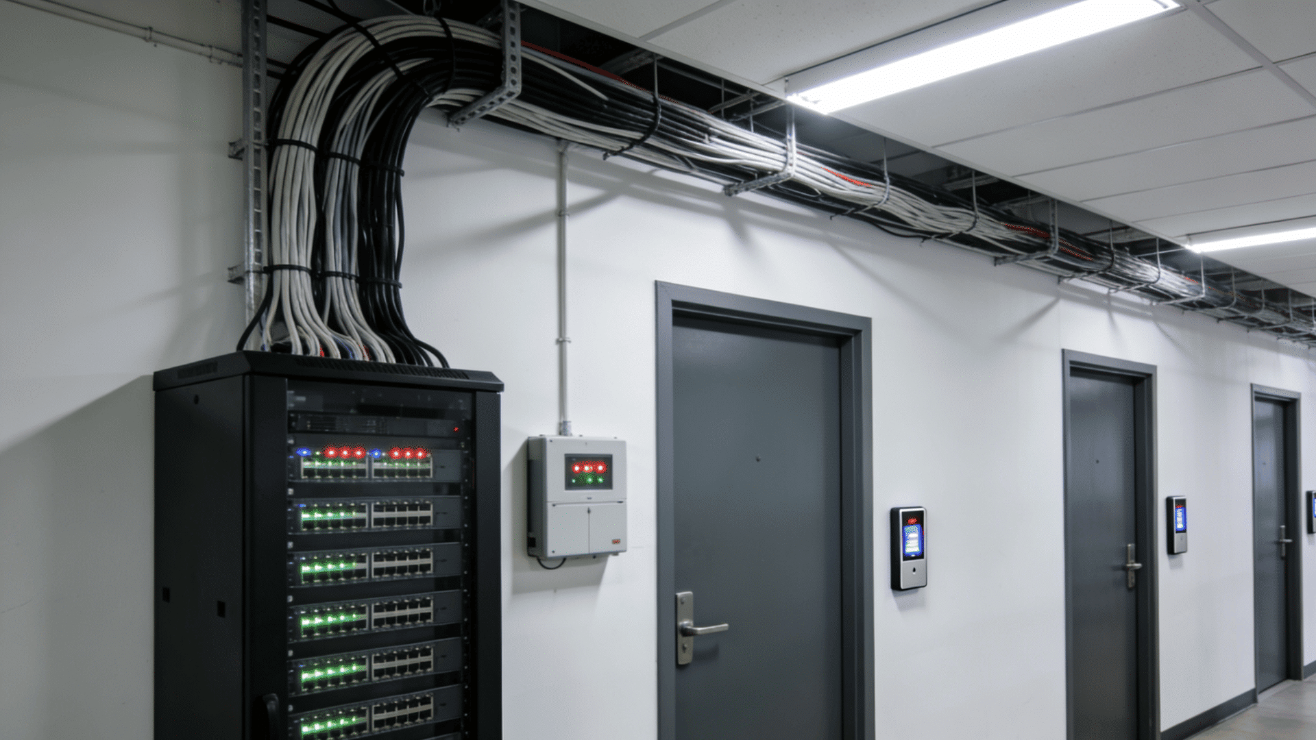 server room with local access control servers racks and connected security management equipment