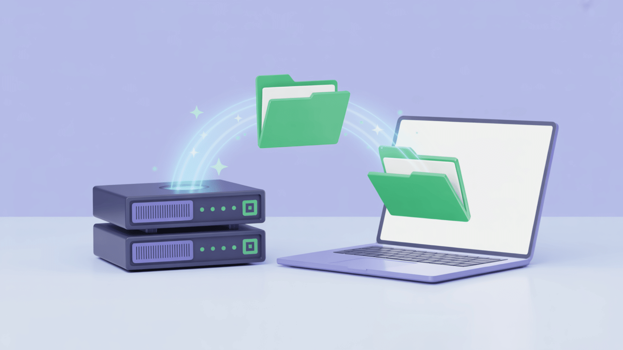 sleek modern 3d illustration of a central server hub securely transferring glowing digital file folders to a laptop
