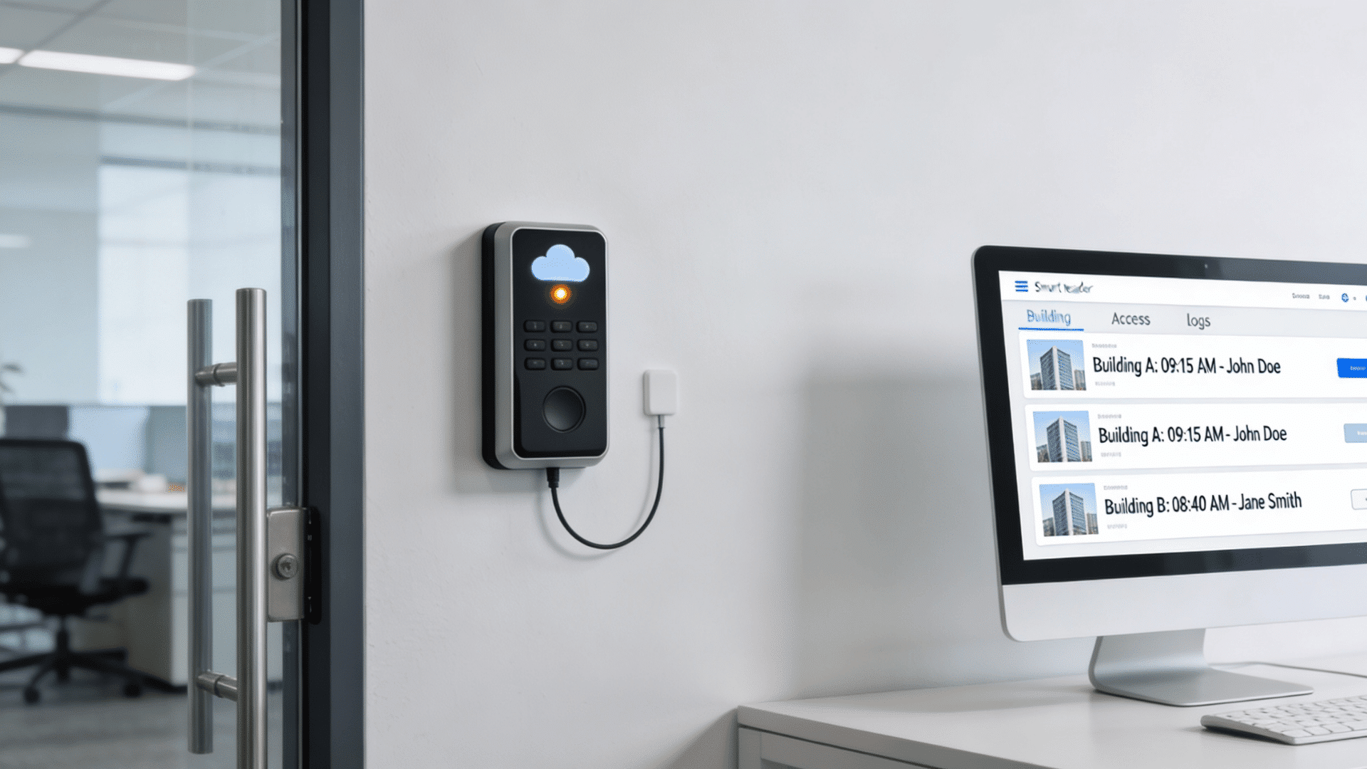 small office door with standalone keypad reader and electronic lock for single entry security