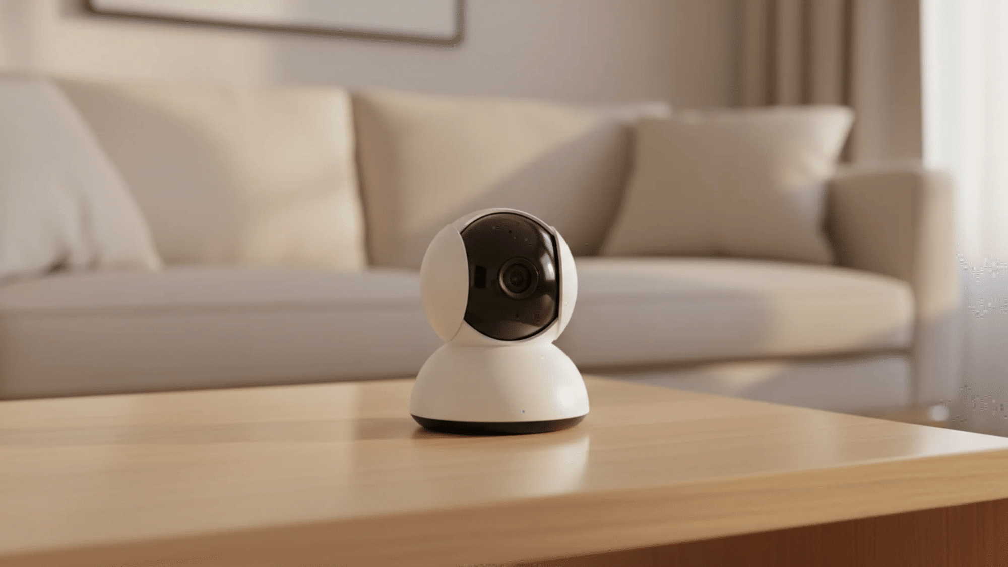 small white indoor security camera sitting on a wooden shelf with a blurred living room background and warm lighting