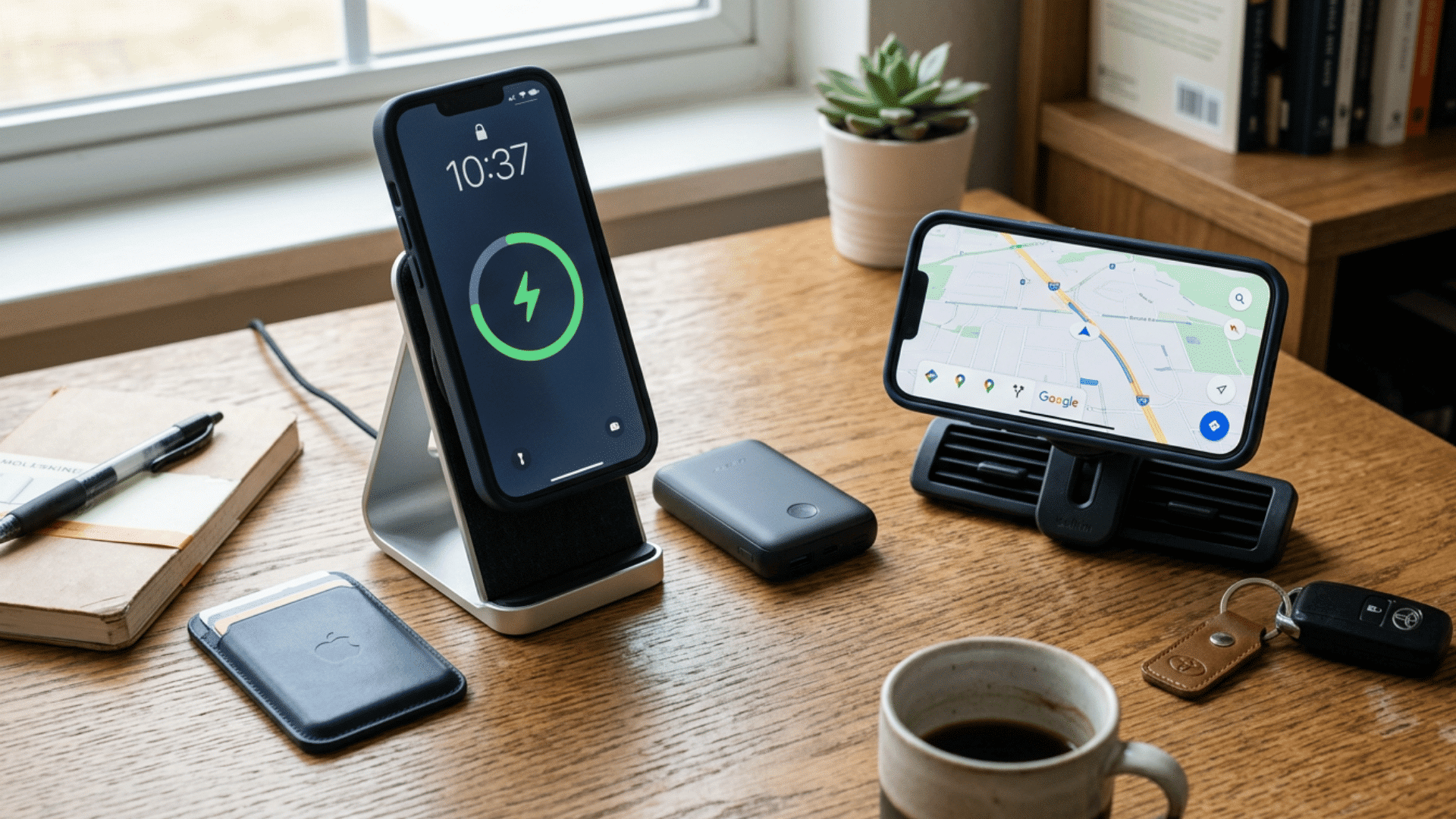 smartphone in magsafe case with charger wallet battery pack and mount arranged on workspace desk