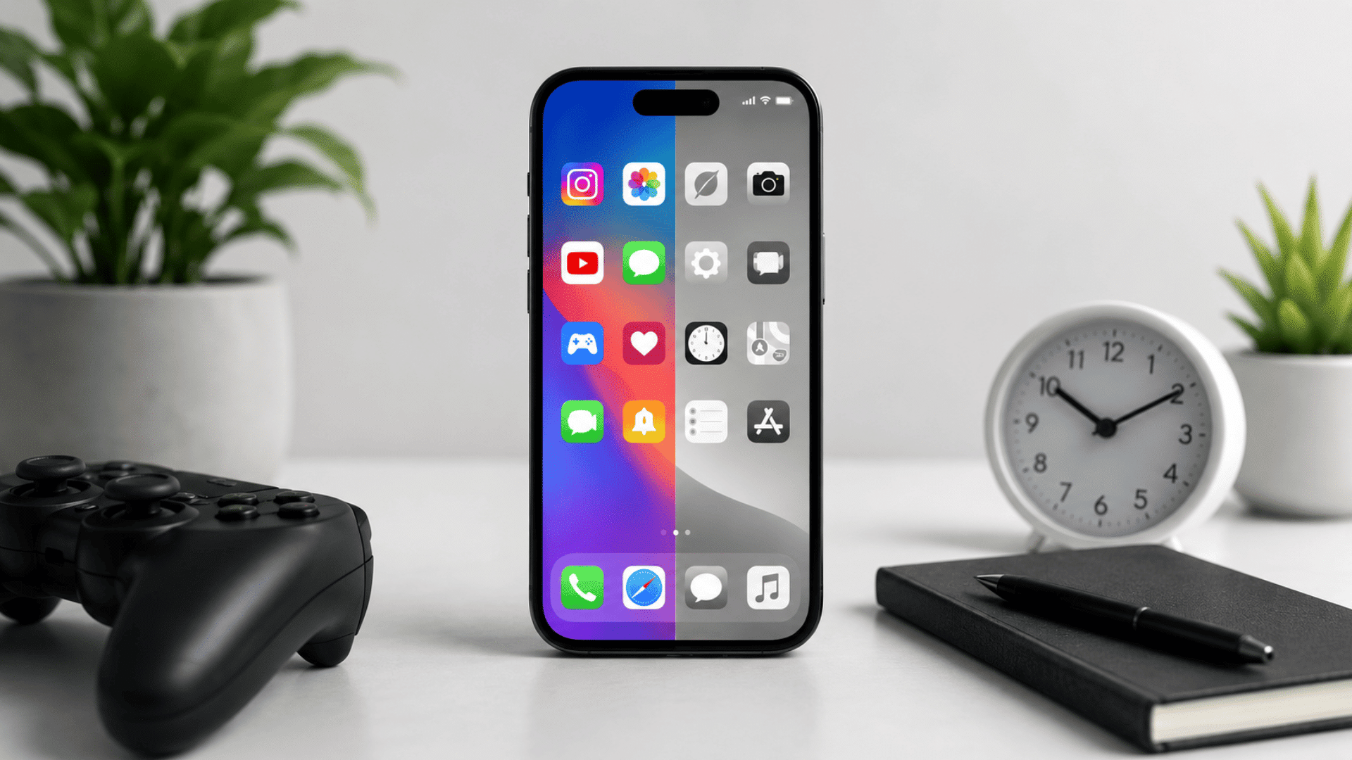 smartphone showing colorful and grayscale app icons beside a game controller clock notebook and plants on desk