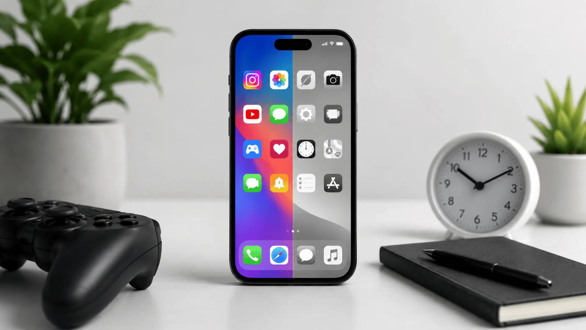 smartphone showing colorful and grayscale app icons beside a game controller clock notebook and plants on desk