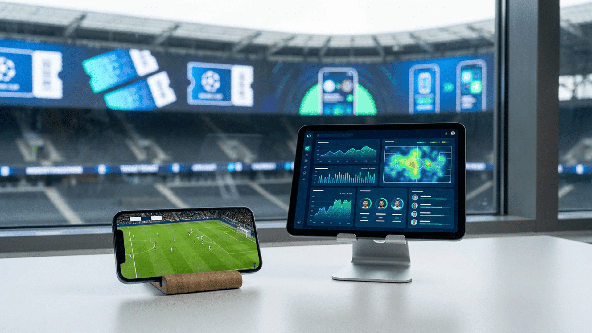 smartphone streaming a soccer match beside a tablet with player analytics overlooking a stadium from a suite