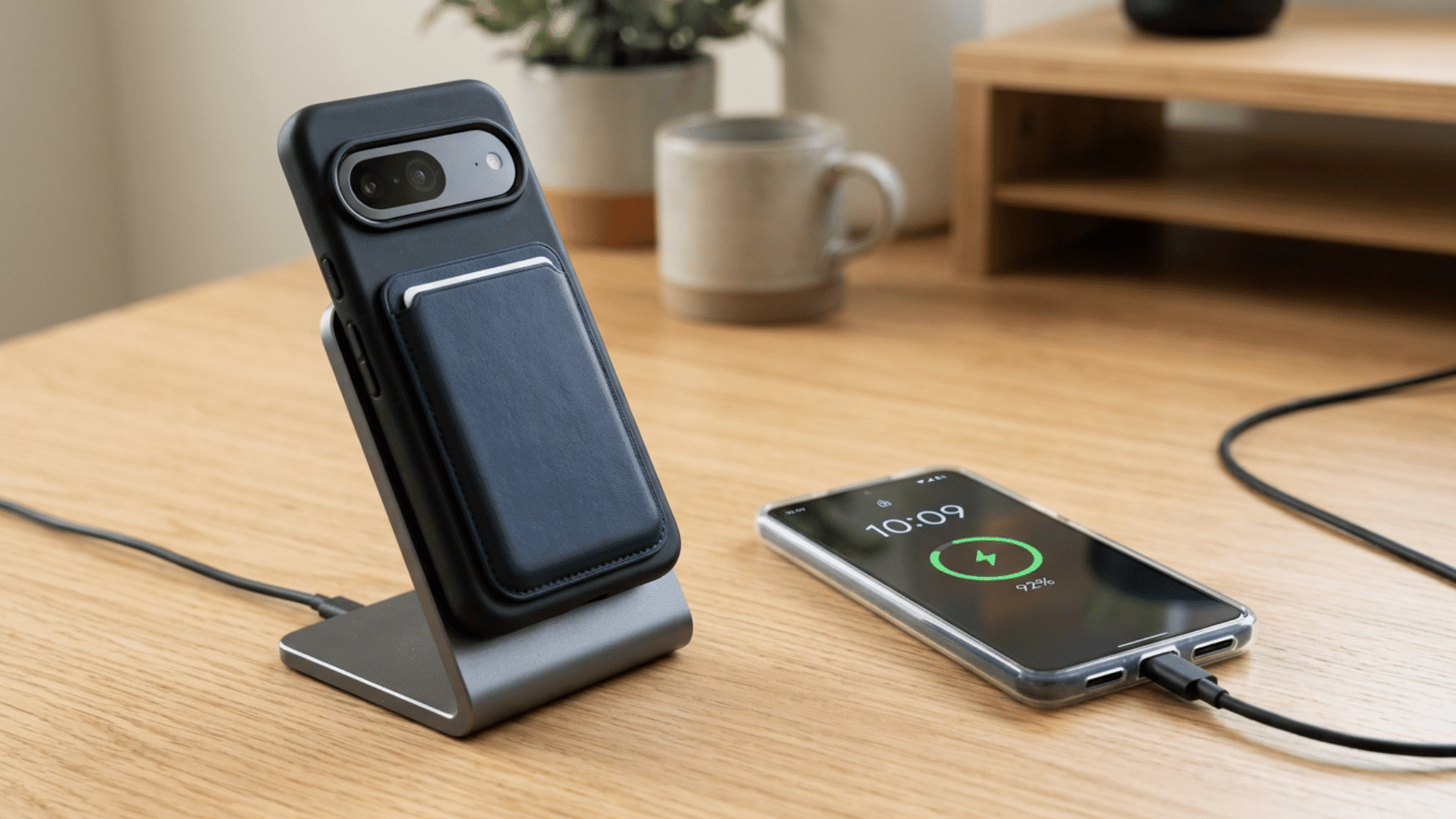 smartphone with magsafe accessories and thicker case beside a simple wired charging setup on desk